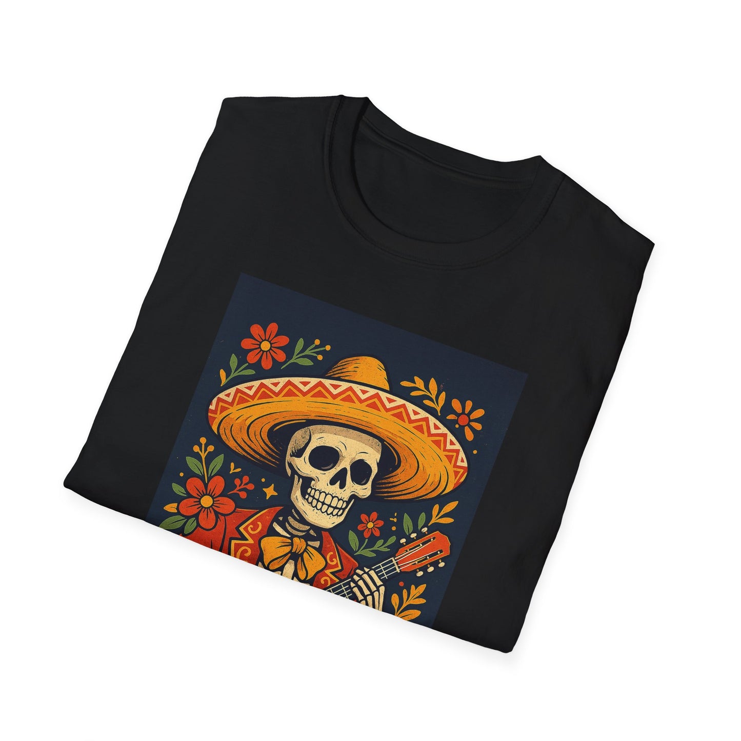 Day of the Dead Guitar Skeleton T-Shirt | Unisex Softstyle T-Shirt | Vibrant Colorful Skeleton