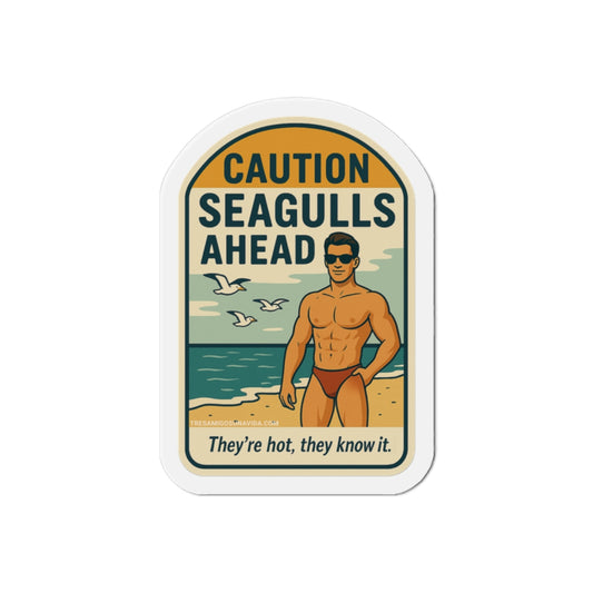 Caution Seagulls Ahead Magnet | Funny Gay Beach Magnet | Queer Pride Gift | Retro Swimsuit Magnet | Hot Lifeguard Sticker Decal