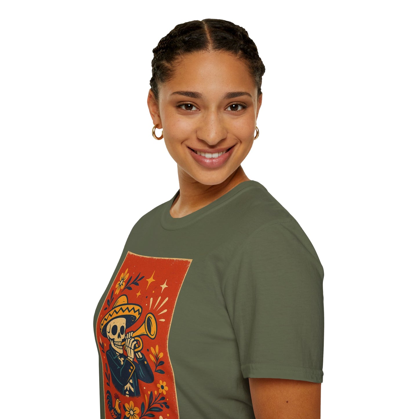 Day of the Dead Skeleton T-Shirt | Unisex Softstyle T-Shirt | Trumpet Playing Skeleton