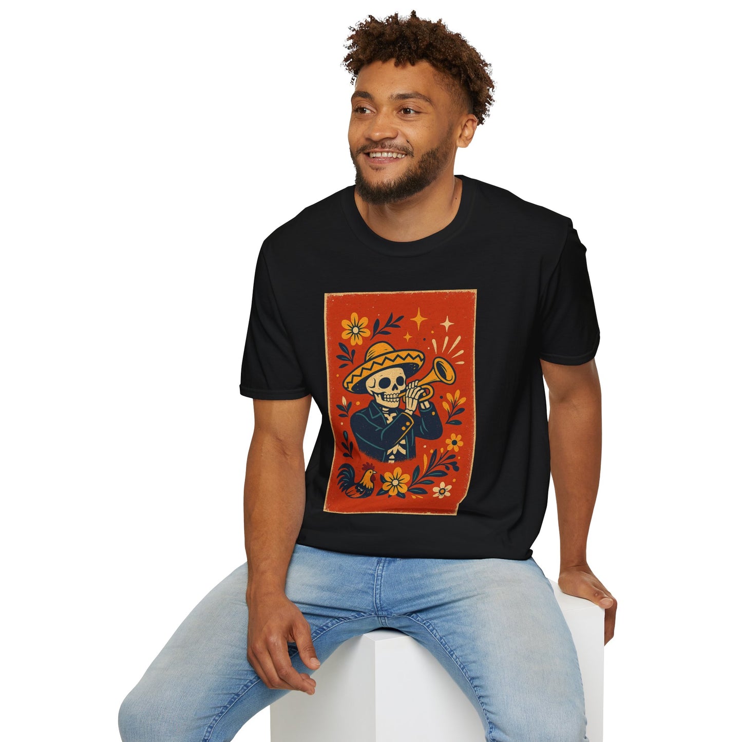 Day of the Dead Skeleton T-Shirt | Unisex Softstyle T-Shirt | Trumpet Playing Skeleton