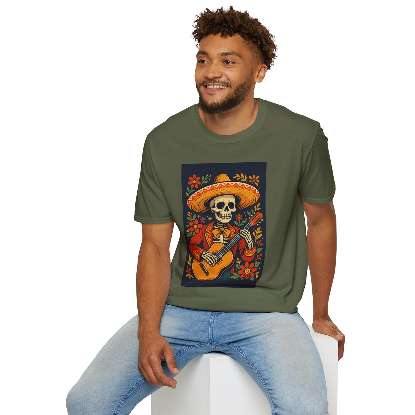 Day of the Dead Guitar Skeleton T-Shirt | Unisex Softstyle T-Shirt | Vibrant Colorful Skeleton