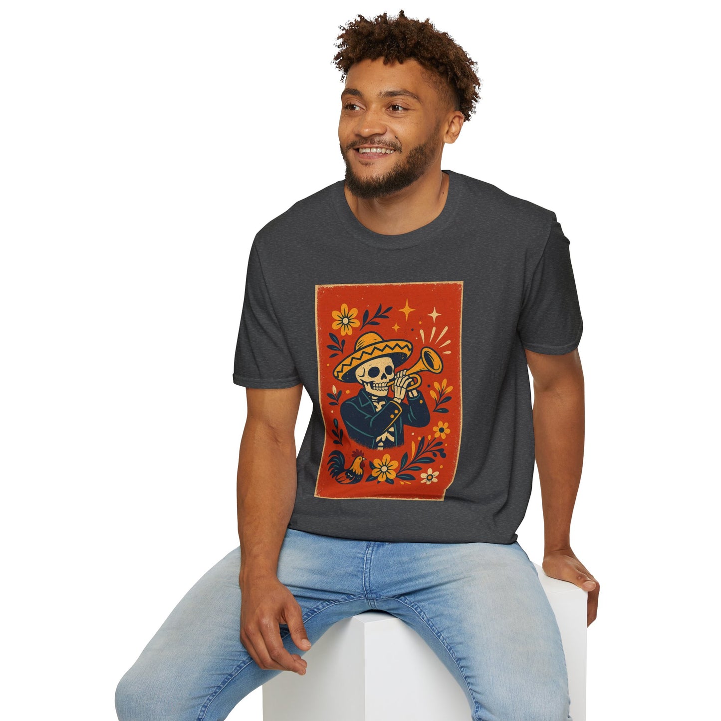 Day of the Dead Skeleton T-Shirt | Unisex Softstyle T-Shirt | Trumpet Playing Skeleton