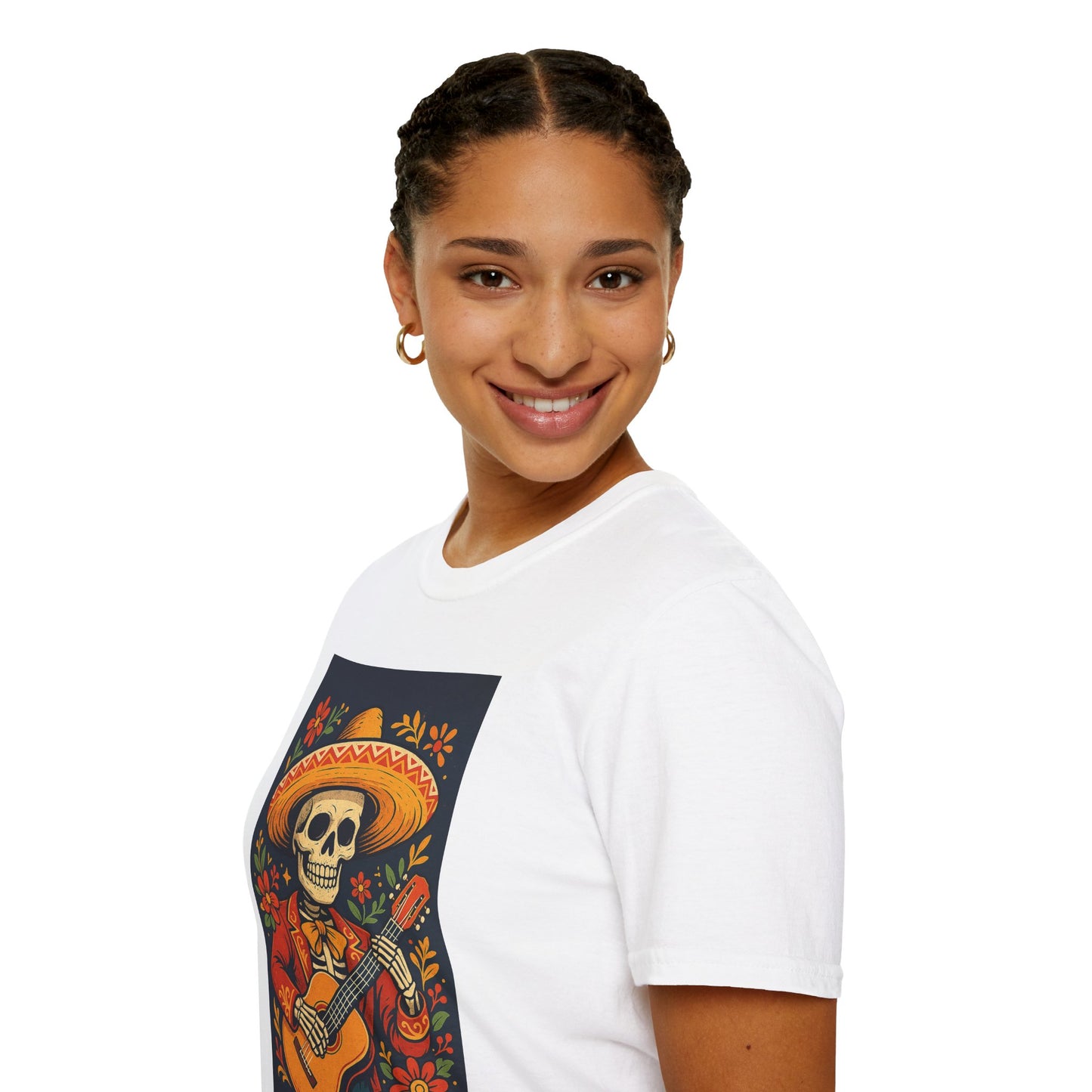 Day of the Dead Guitar Skeleton T-Shirt | Unisex Softstyle T-Shirt | Vibrant Colorful Skeleton
