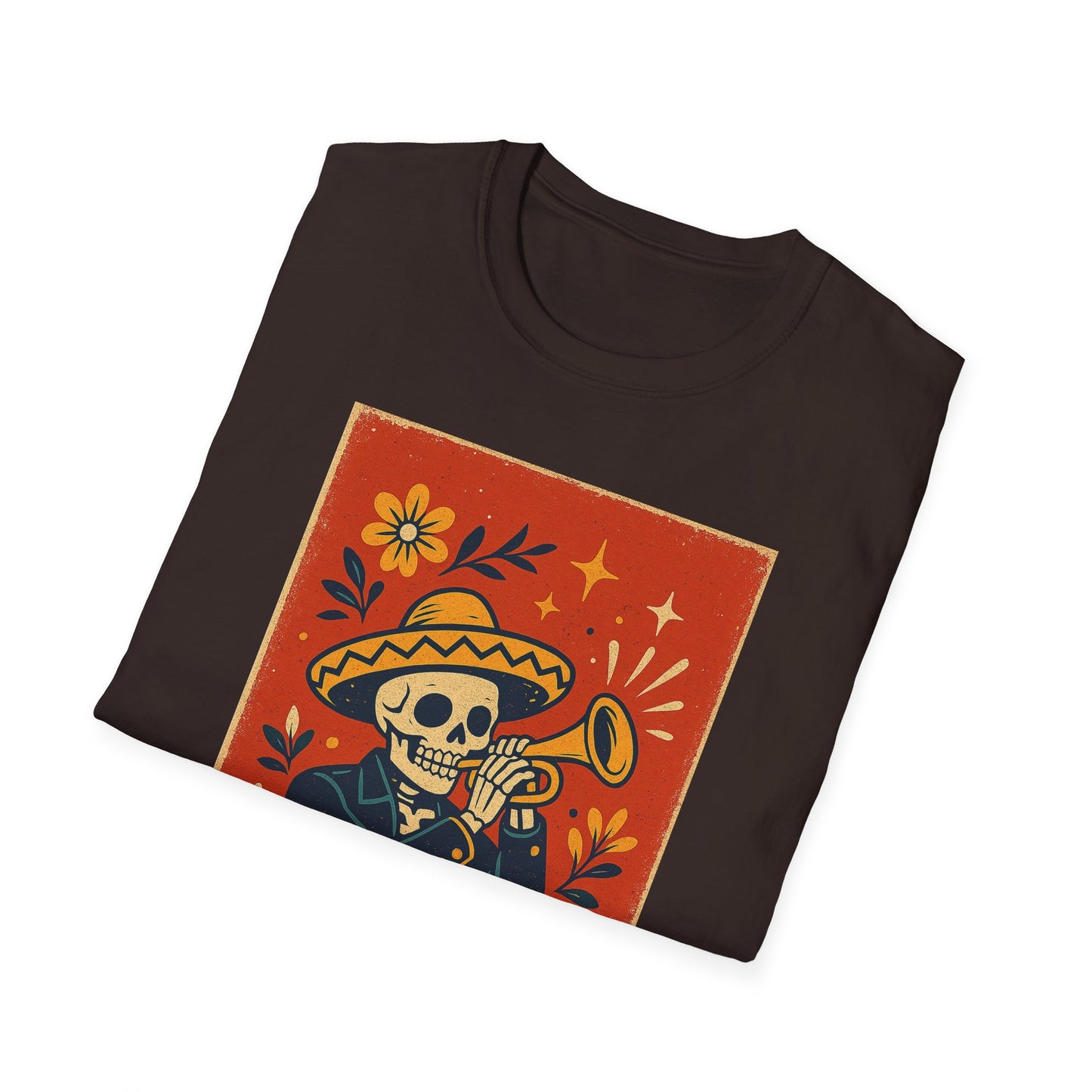 Day of the Dead Skeleton T-Shirt | Unisex Softstyle T-Shirt | Trumpet Playing Skeleton