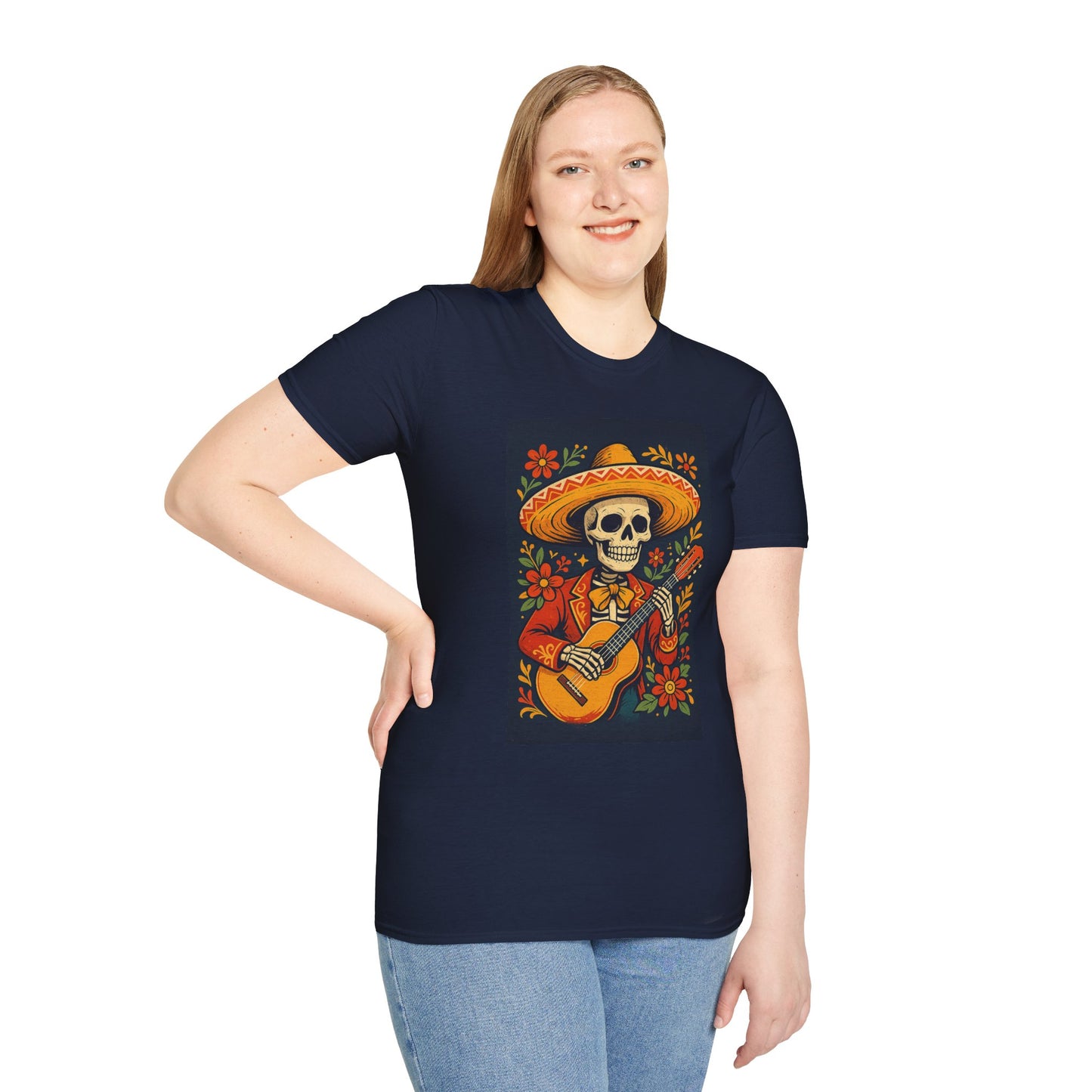 Day of the Dead Guitar Skeleton T-Shirt | Unisex Softstyle T-Shirt | Vibrant Colorful Skeleton