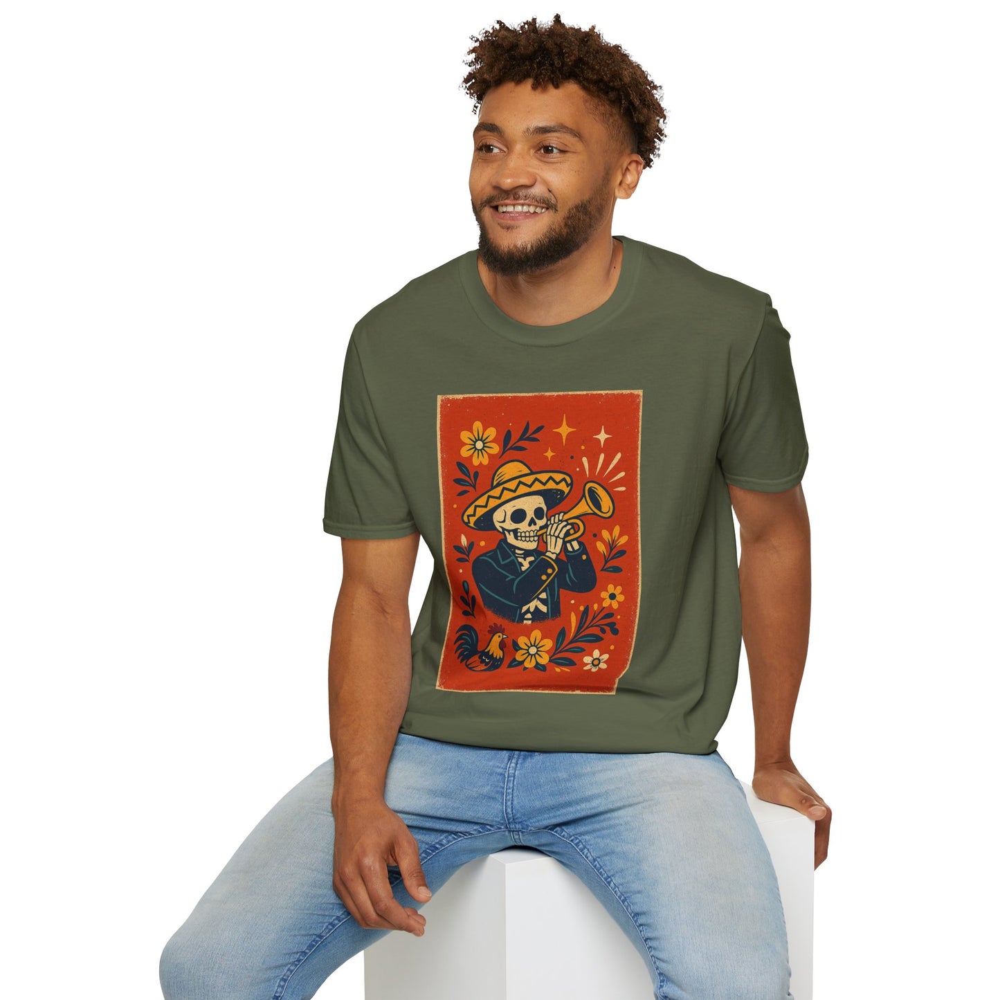 Day of the Dead Skeleton T-Shirt | Unisex Softstyle T-Shirt | Trumpet Playing Skeleton