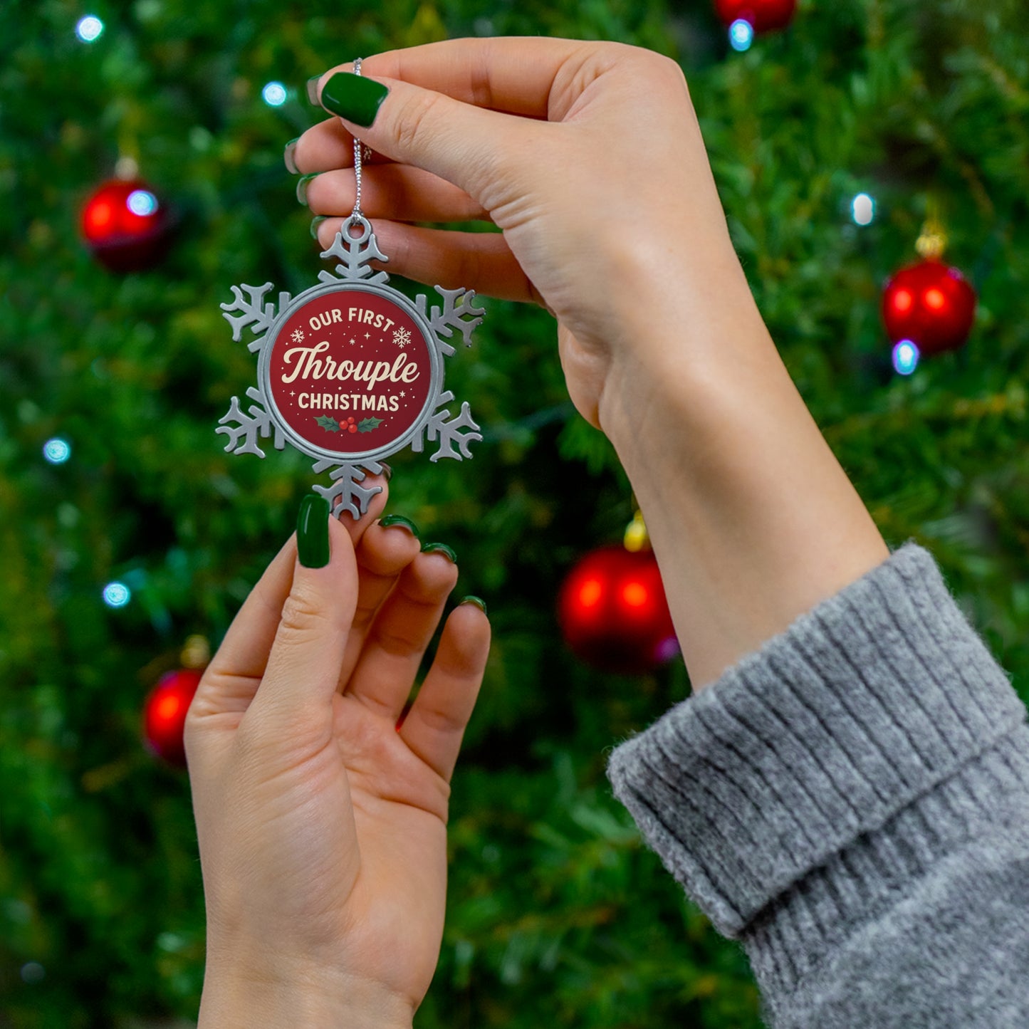 Our First Throuple Christmas Ornament | Holiday Snowflake Keepsake, Polyamory Ornament, LGBTQ First Christmas Gift