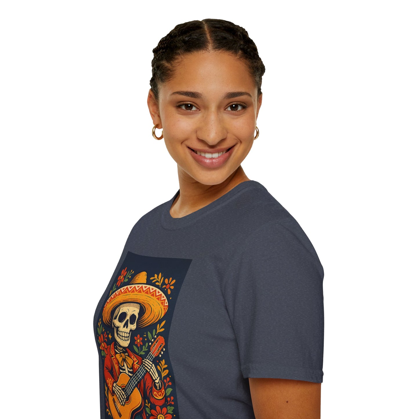 Day of the Dead Guitar Skeleton T-Shirt | Unisex Softstyle T-Shirt | Vibrant Colorful Skeleton