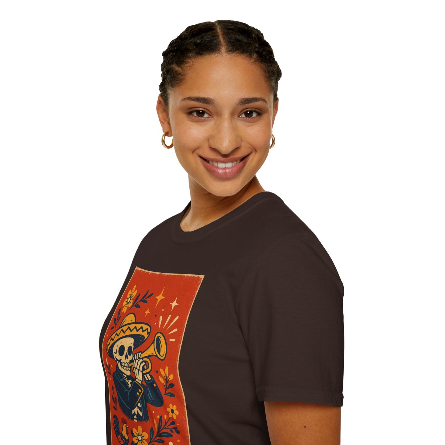 Day of the Dead Skeleton T-Shirt | Unisex Softstyle T-Shirt | Trumpet Playing Skeleton