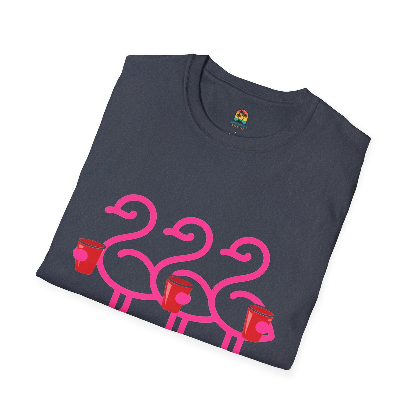 Pink Flamingos Holding Cups T-Shirt | Tropical Party Graphic | Red Cup Throuple Life