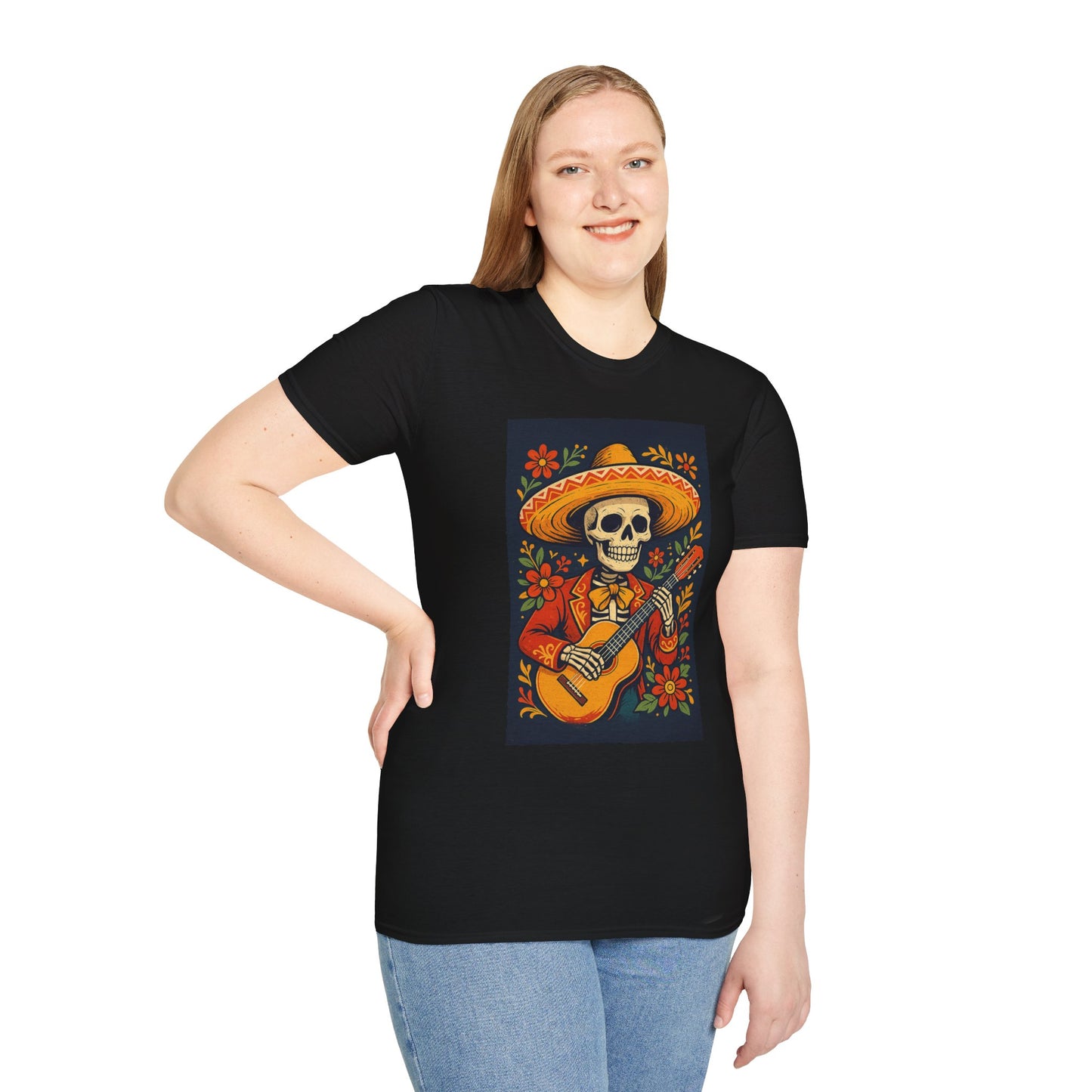 Day of the Dead Guitar Skeleton T-Shirt | Unisex Softstyle T-Shirt | Vibrant Colorful Skeleton