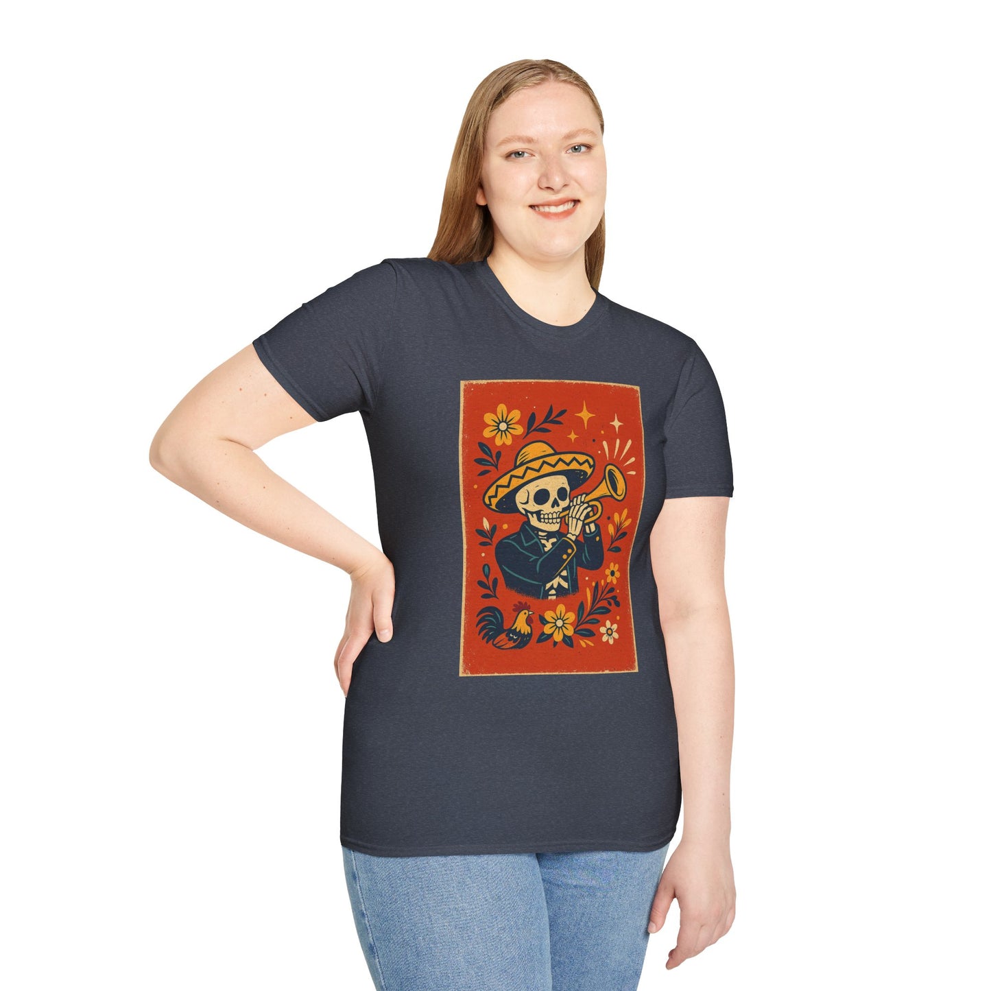 Day of the Dead Skeleton T-Shirt | Unisex Softstyle T-Shirt | Trumpet Playing Skeleton