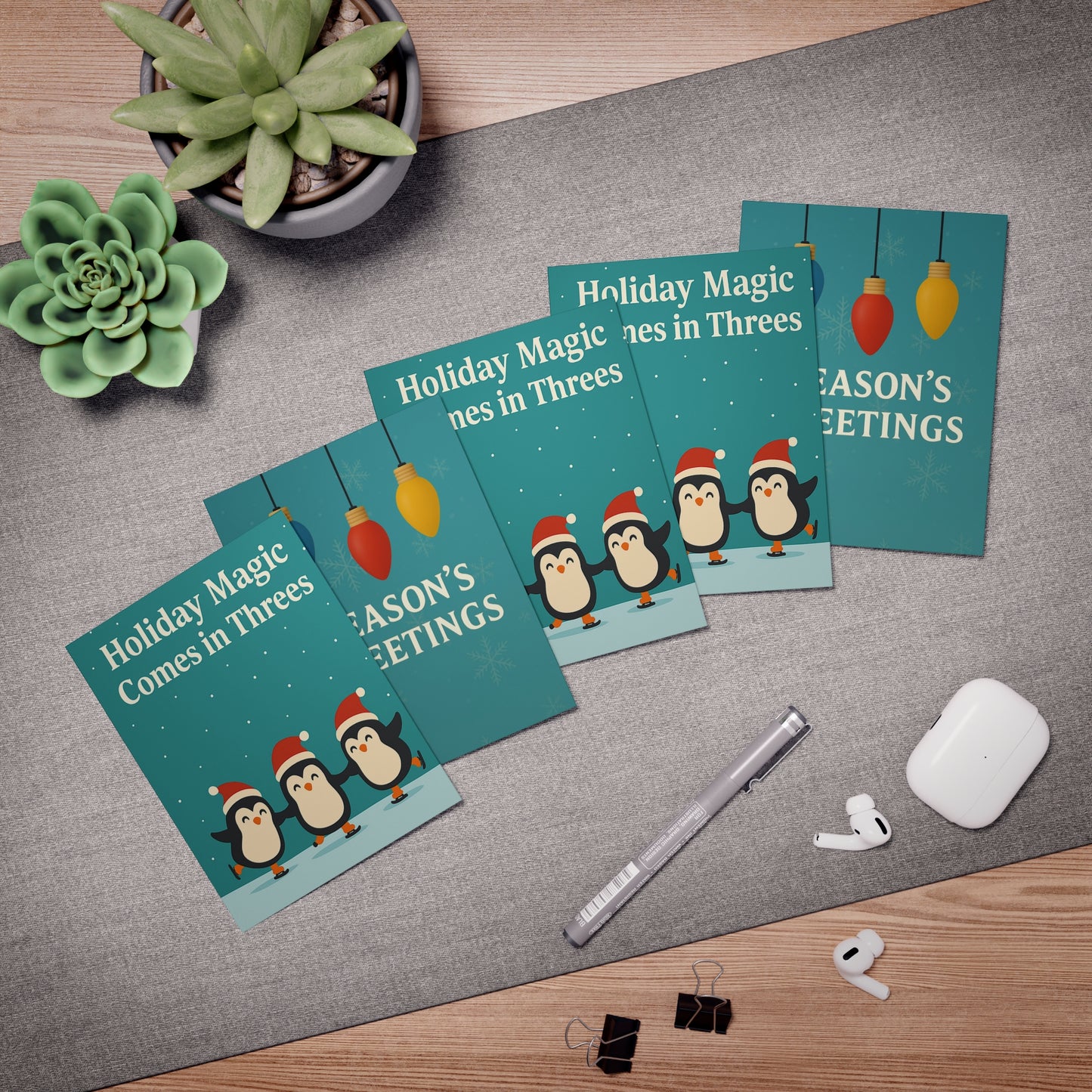Holiday Magic Penguins Greeting Cards (5-Pack) | Throuple Holiday & Christmas Cards