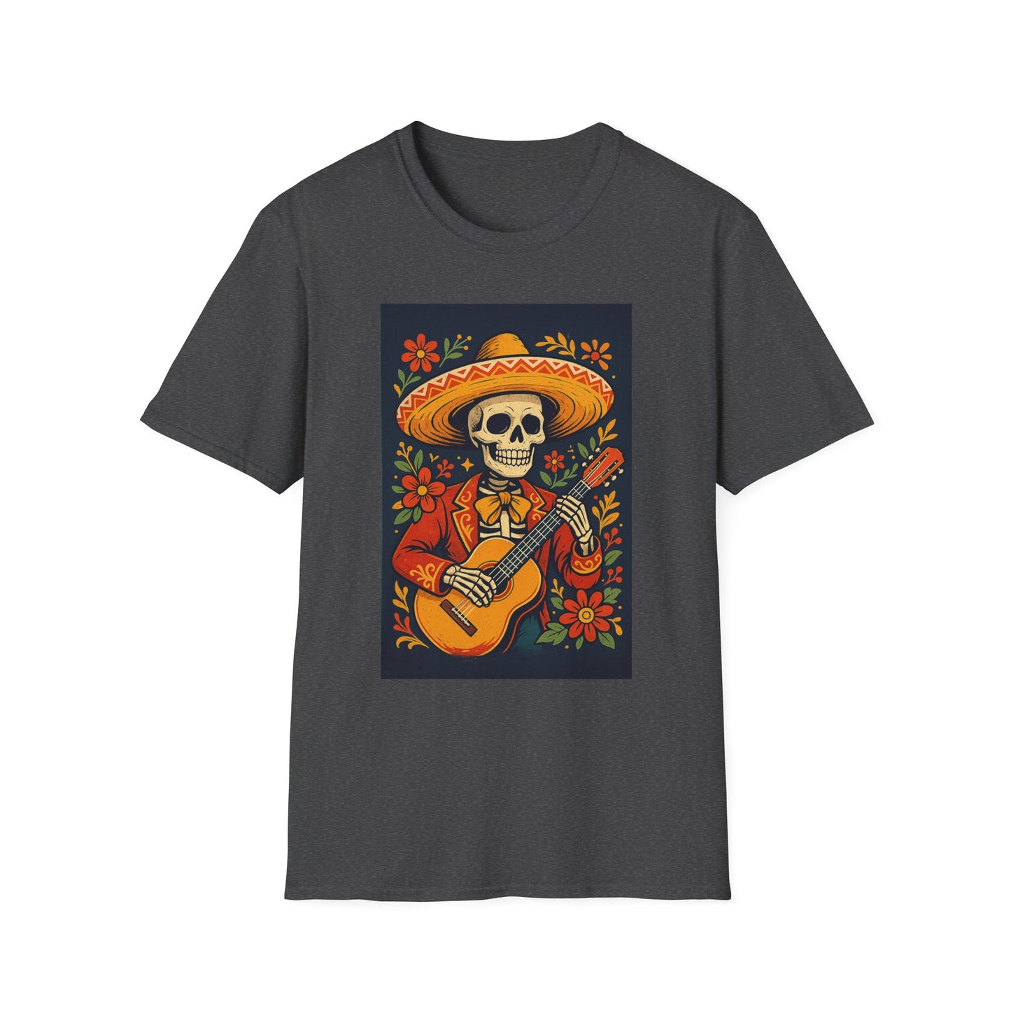 Day of the Dead Guitar Skeleton T-Shirt | Unisex Softstyle T-Shirt | Vibrant Colorful Skeleton