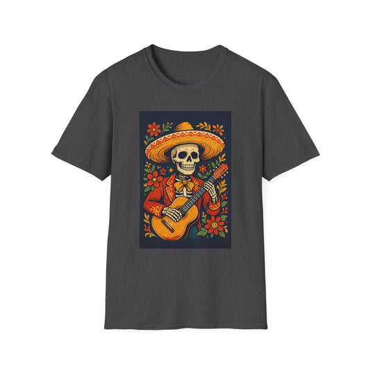 Day of the Dead Guitar Skeleton T-Shirt | Unisex Softstyle T-Shirt | Vibrant Colorful Skeleton