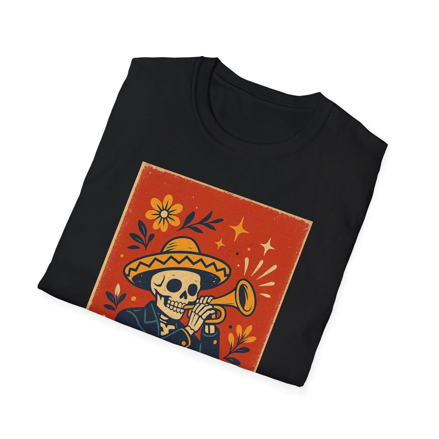 Day of the Dead Skeleton T-Shirt | Unisex Softstyle T-Shirt | Trumpet Playing Skeleton