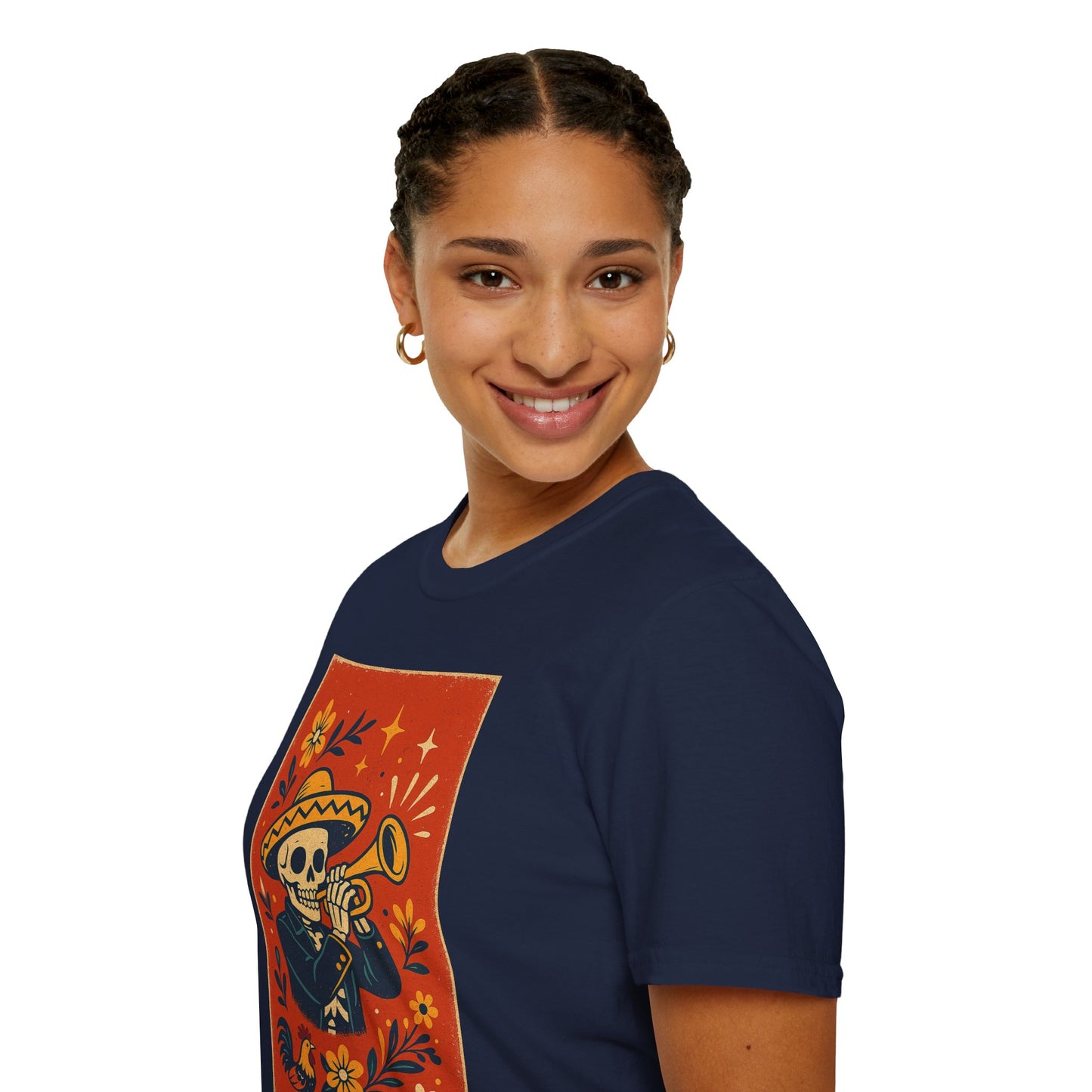 Day of the Dead Skeleton T-Shirt | Unisex Softstyle T-Shirt | Trumpet Playing Skeleton