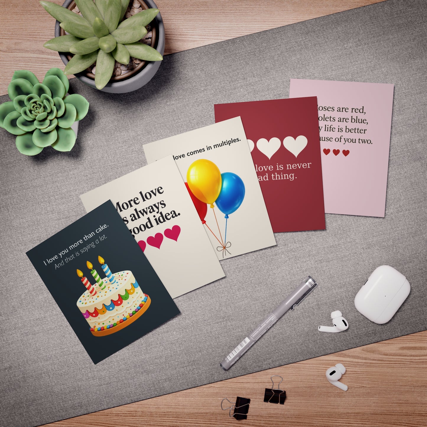 Love Sayings Greeting Cards 5-Pack | Birthday Balloons Cake Hearts | Blank Insides | Throuple Cards