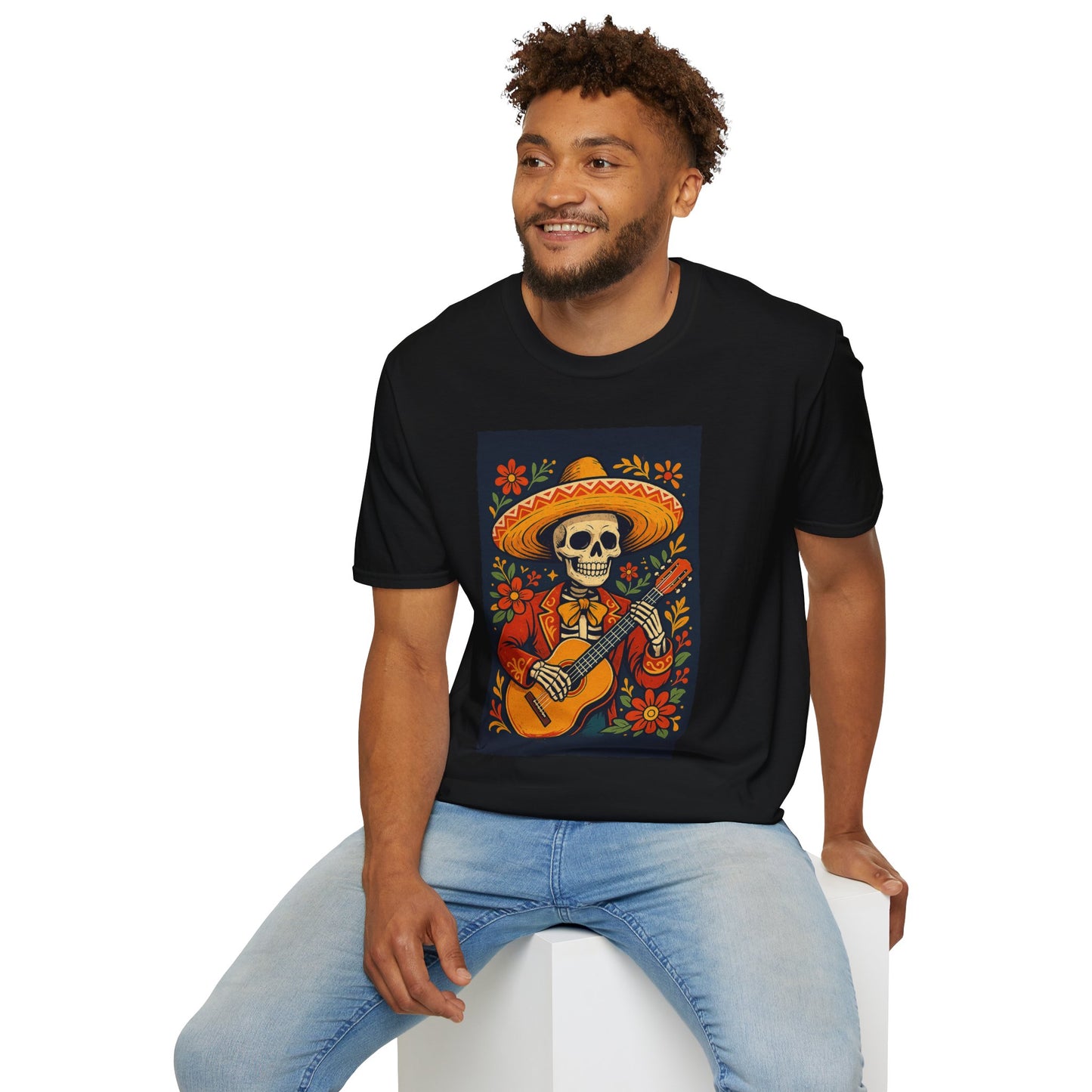 Day of the Dead Guitar Skeleton T-Shirt | Unisex Softstyle T-Shirt | Vibrant Colorful Skeleton