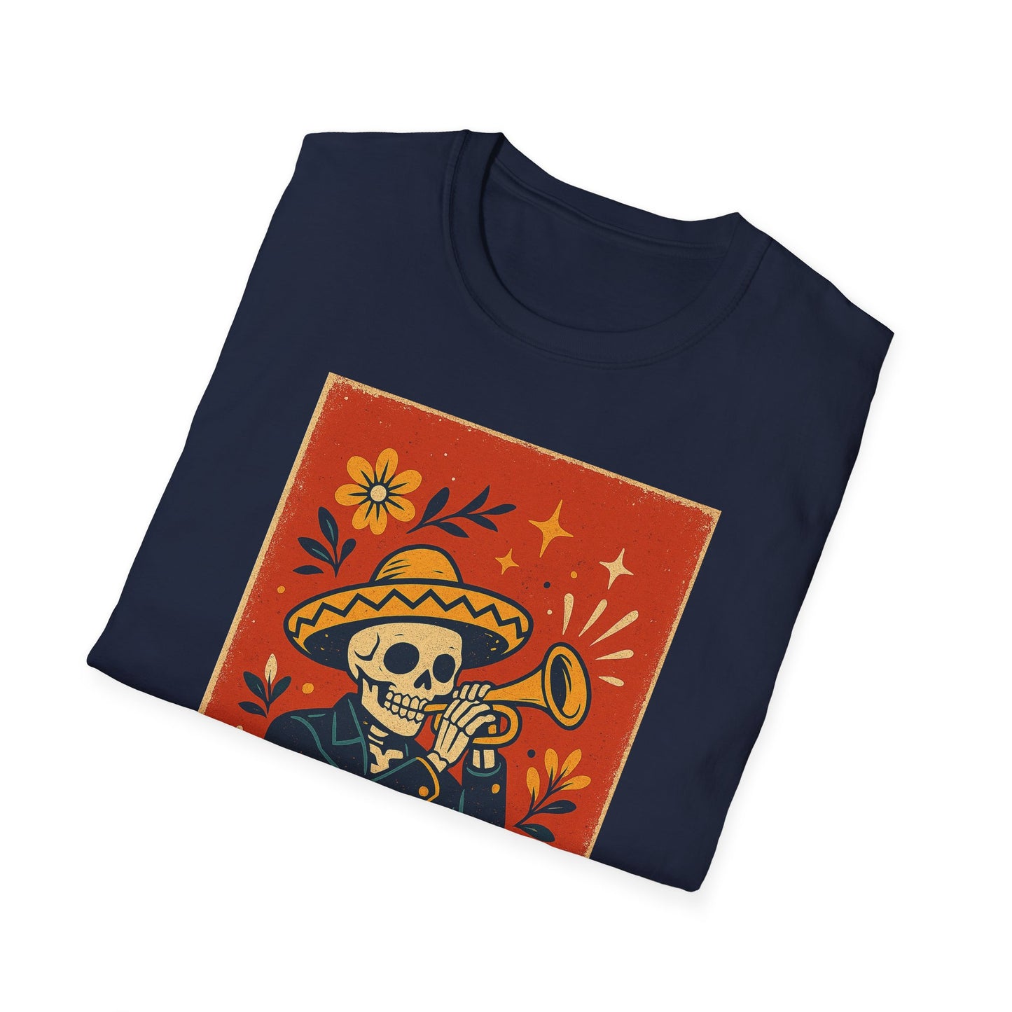 Day of the Dead Skeleton T-Shirt | Unisex Softstyle T-Shirt | Trumpet Playing Skeleton