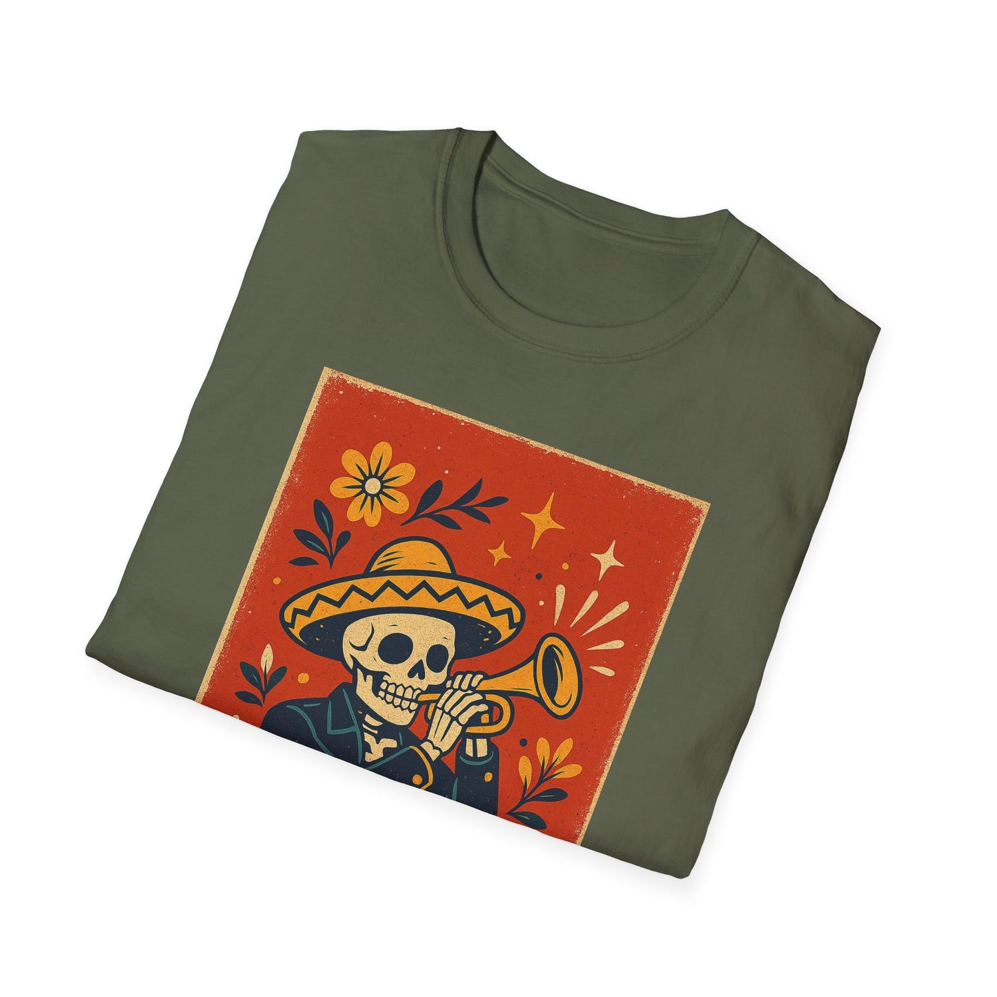 Day of the Dead Skeleton T-Shirt | Unisex Softstyle T-Shirt | Trumpet Playing Skeleton