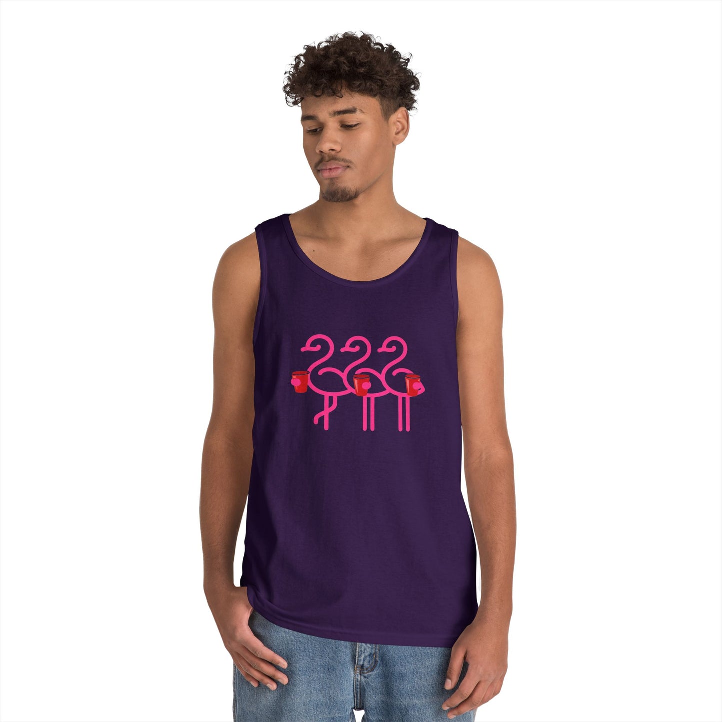 Three Pink Flamingos Tank Top | Retro Tropical Birds, Summer Beach Tee | Red Cup Throuple Life