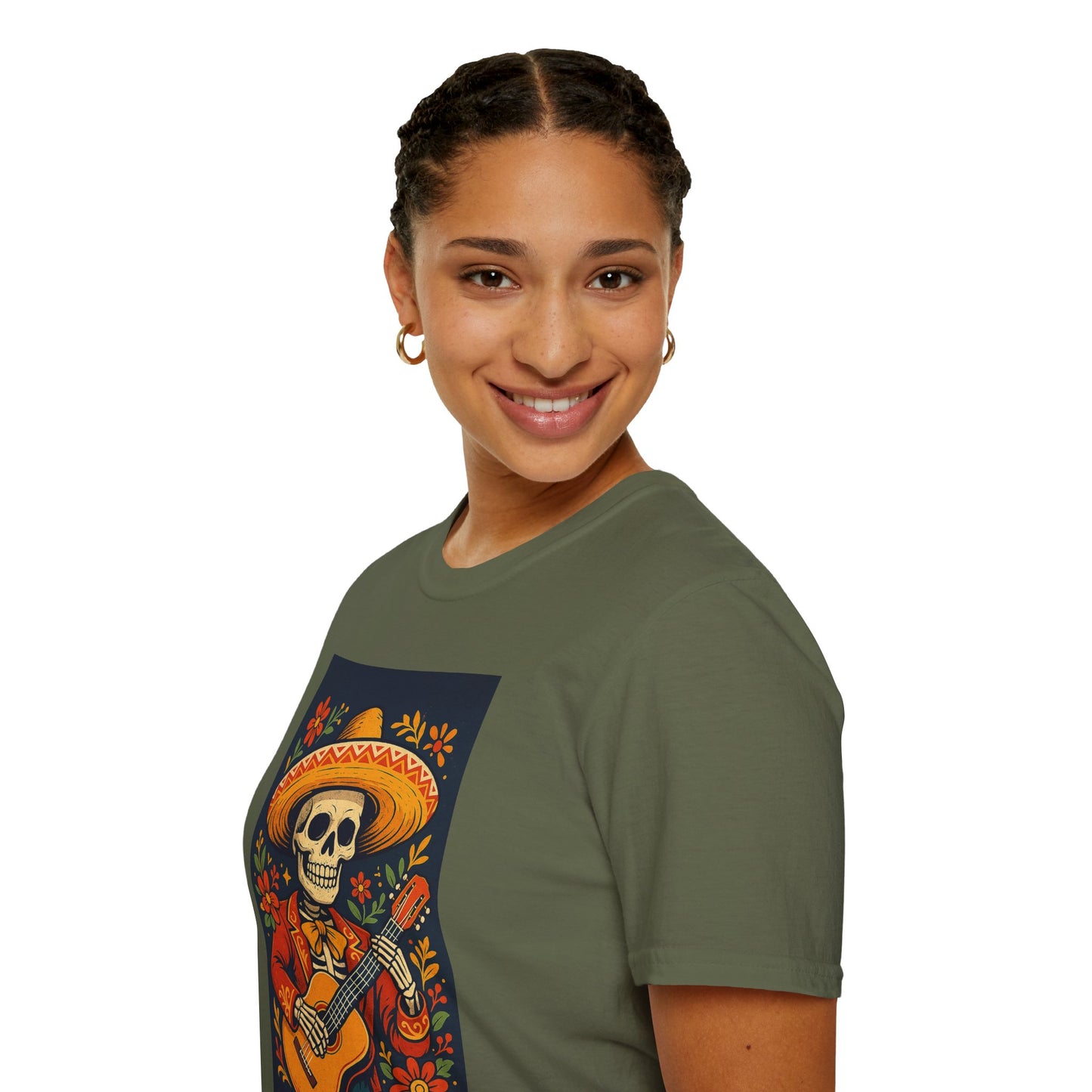 Day of the Dead Guitar Skeleton T-Shirt | Unisex Softstyle T-Shirt | Vibrant Colorful Skeleton