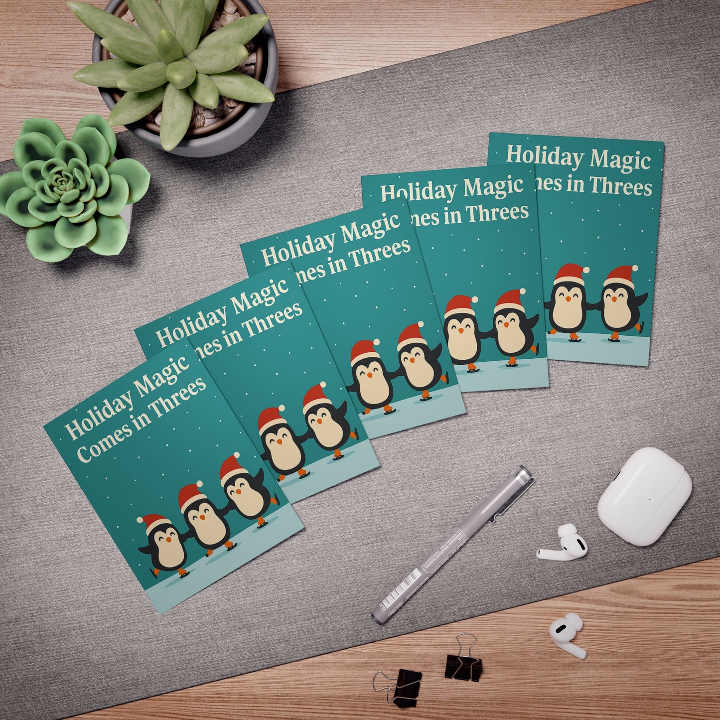Holiday Magic Comes in Threes Penguin Greeting Cards (5-Pack) | Throuple Holiday & Christmas Cards