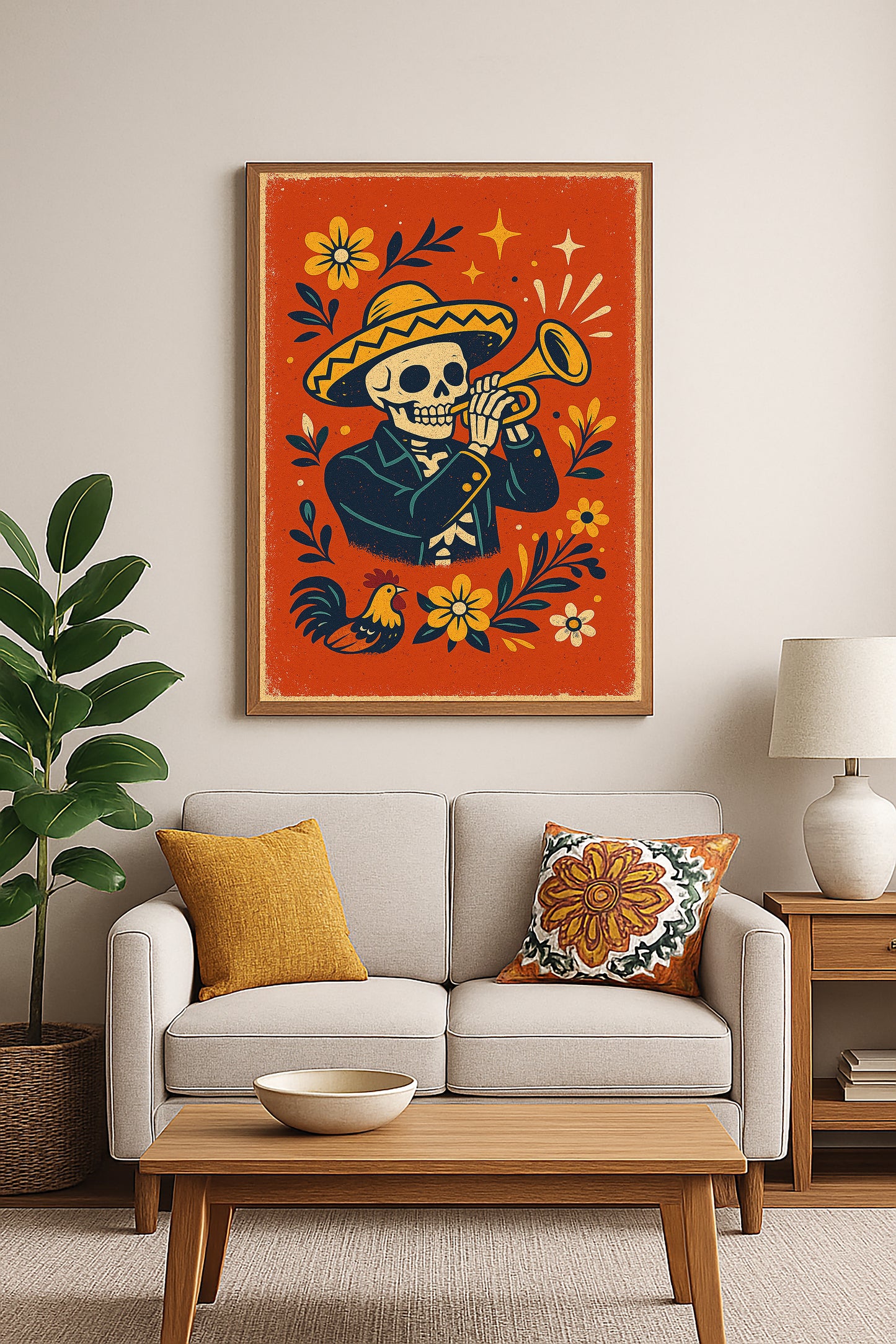 Skeleton Mariachi Trumpet Digital Download Print | Día de los Muertos Folk Art | Mexican Skeleton Wall Art | 2:3 Ratio Poster