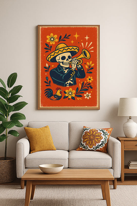 Skeleton Mariachi Trumpet Digital Download Print | Día de los Muertos Folk Art | Mexican Skeleton Wall Art | 2:3 Ratio Poster