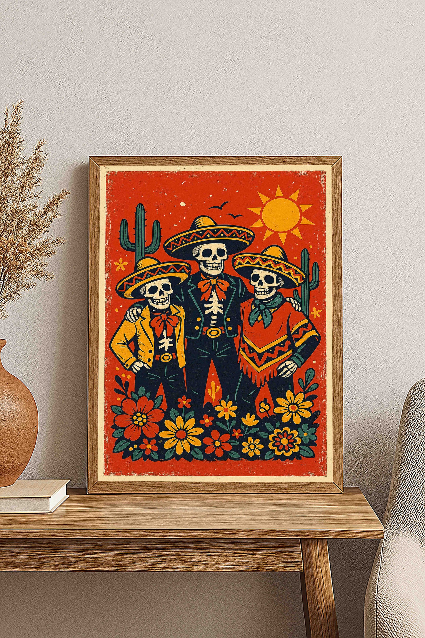 Skeleton Throuple Digital Download | Mexican Folk Art Día de los Muertos Print | 20x30 in 2:3 Ratio Wall Art