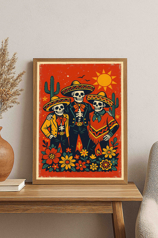 Skeleton Throuple Digital Download | Mexican Folk Art Día de los Muertos Print | 20x30 in 2:3 Ratio Wall Art
