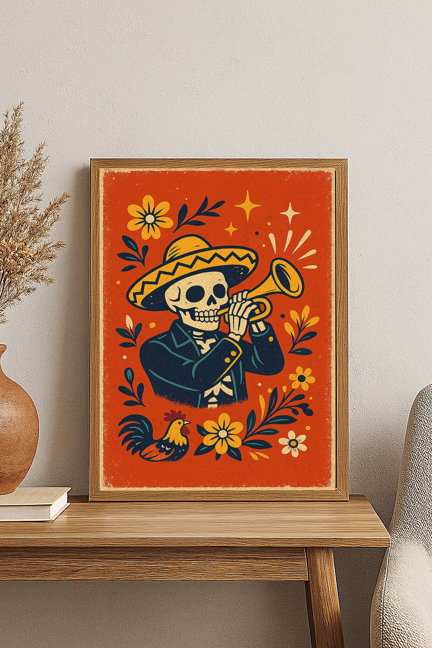 Skeleton Mariachi Trumpet Digital Download Print | Día de los Muertos Folk Art | Mexican Skeleton Wall Art | 2:3 Ratio Poster
