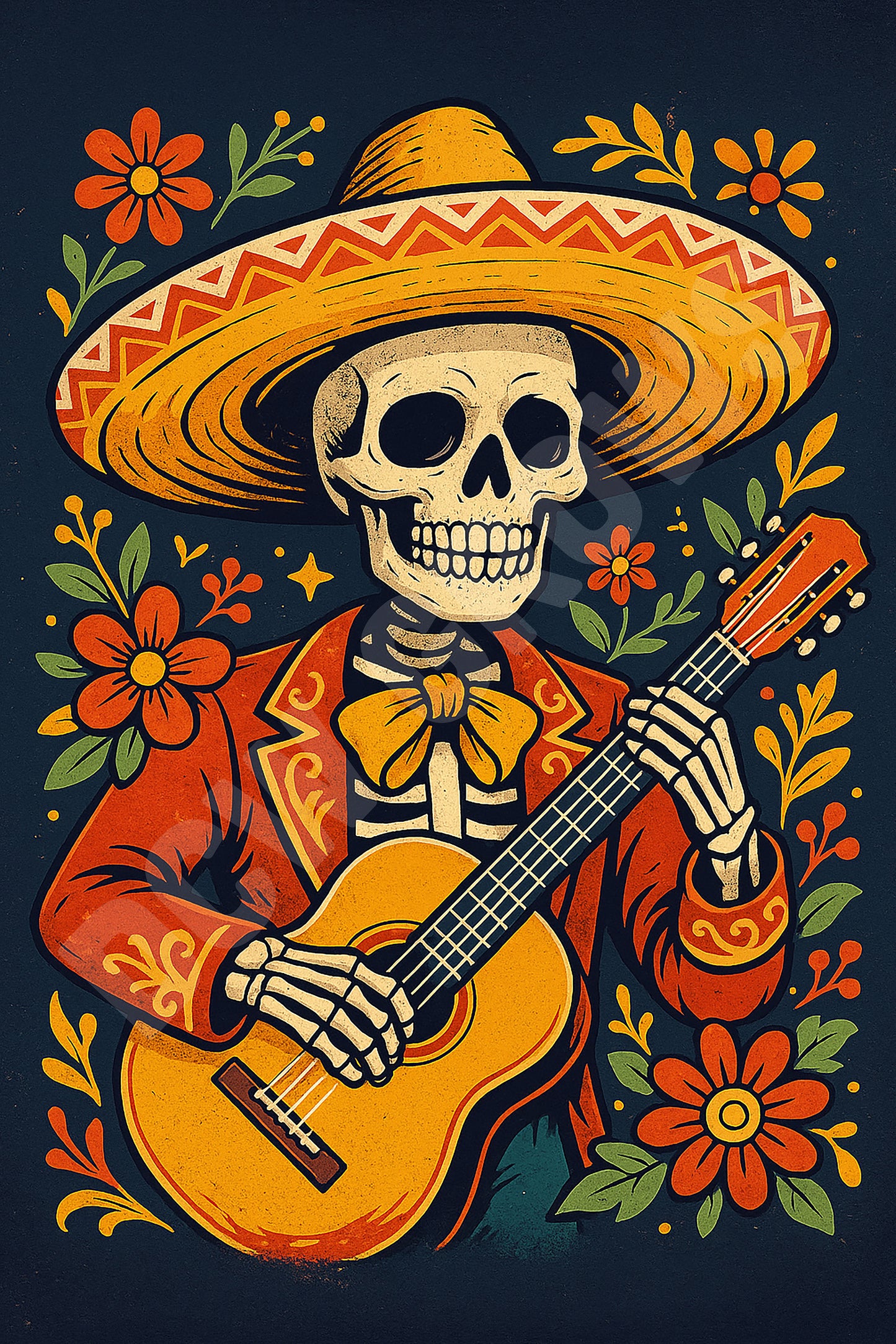 Skeleton Mariachi Guitarist Digital Download Print | Día de los Muertos Wall Art | Mexican Folk Art Skeleton Poster | 2:3 Ratio