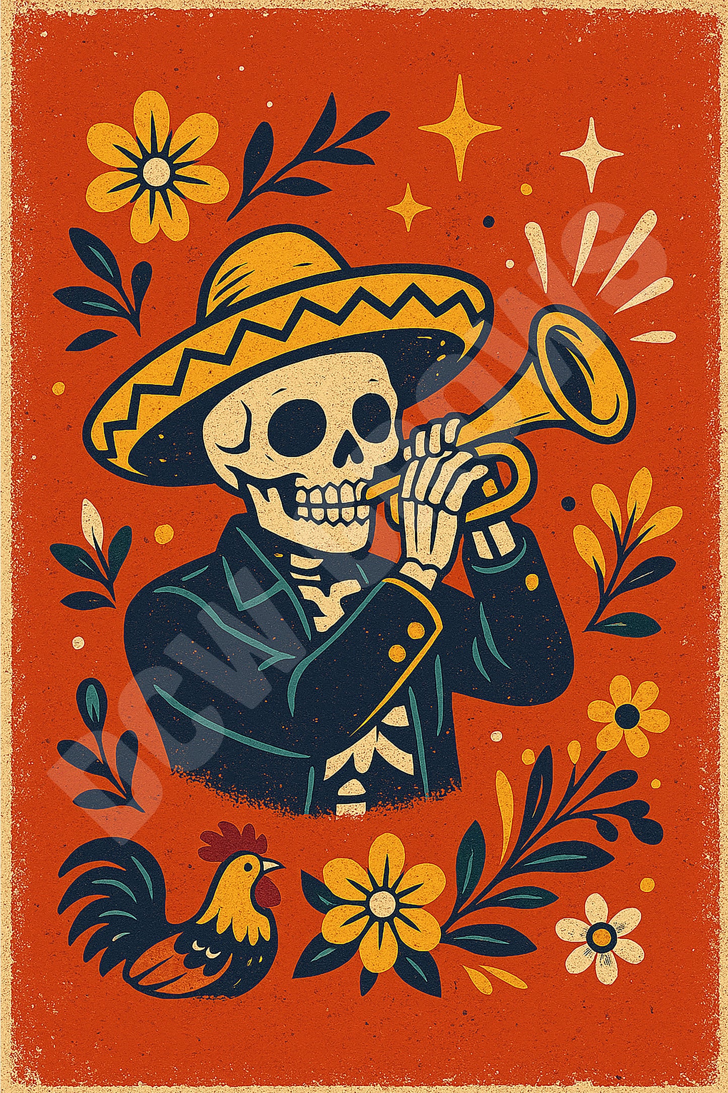 Skeleton Mariachi Trumpet Digital Download Print | Día de los Muertos Folk Art | Mexican Skeleton Wall Art | 2:3 Ratio Poster
