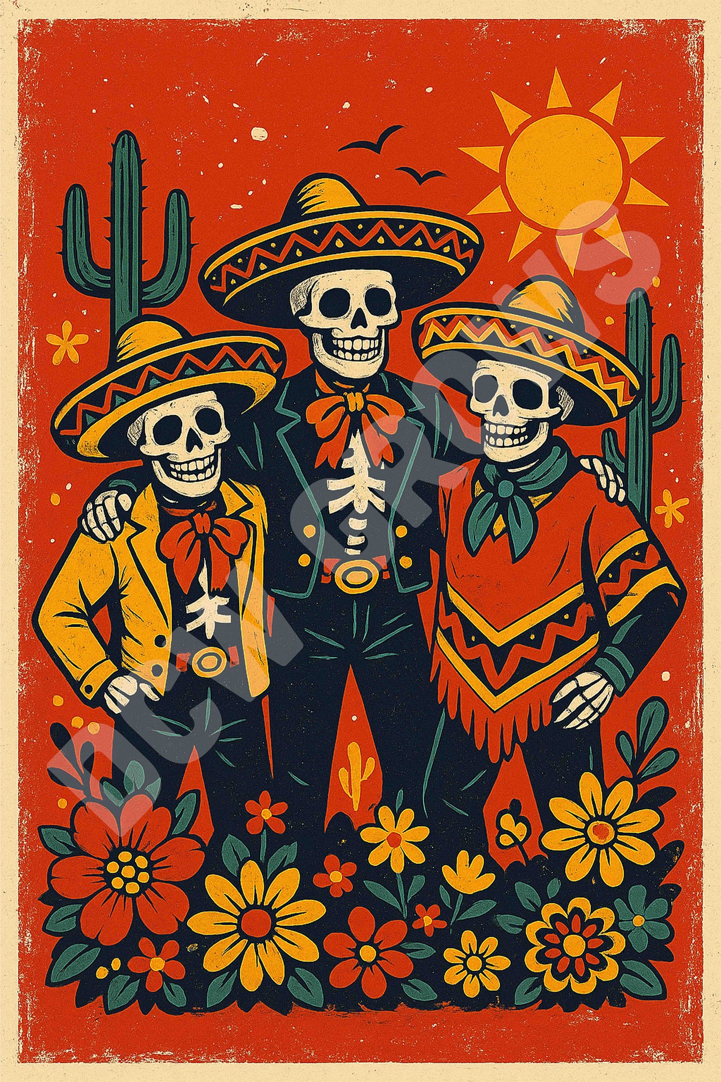 Skeleton Throuple Digital Download | Mexican Folk Art Día de los Muertos Print | 20x30 in 2:3 Ratio Wall Art