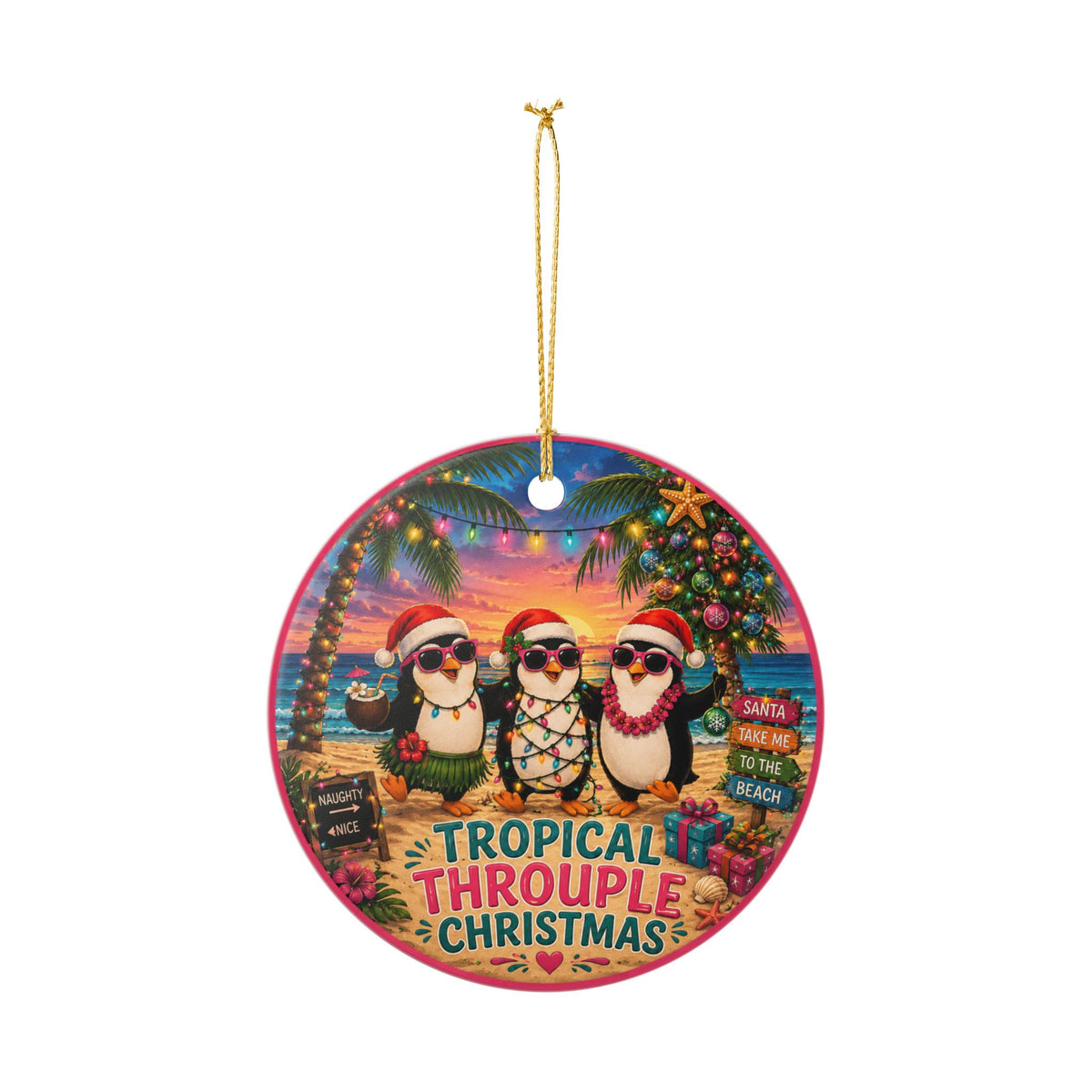 Tropical Throuple Christmas Ornament | Penguin Beach Christmas Decor | Polyamory Gift | LGBTQ+ Holiday Ornament