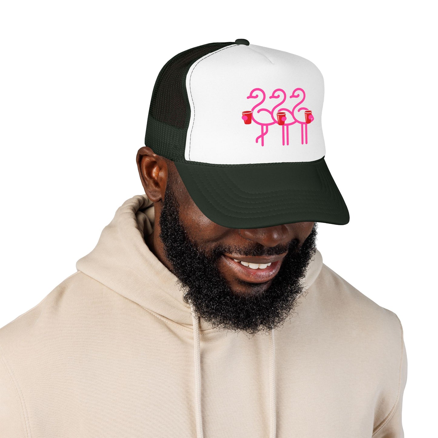 Pink Flamingo Trio Foam Trucker Hat | Retro Beach Party Mesh Cap | Red Cup Throuple Life