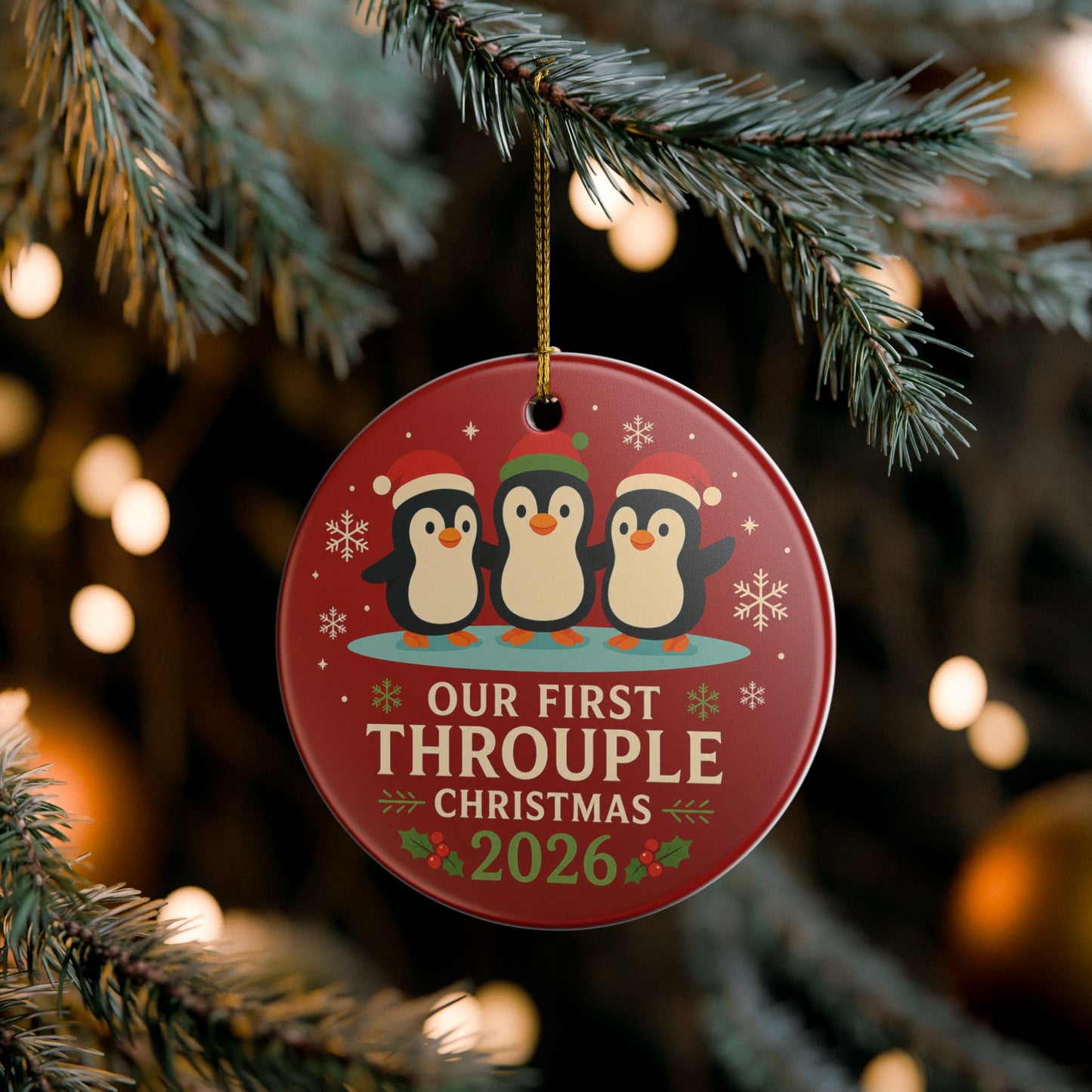 Our First Throuple Christmas 2026 Ornament | Penguin Ceramic Ornament | Polyamory Christmas Gift | LGBTQ+ Holiday Keepsake