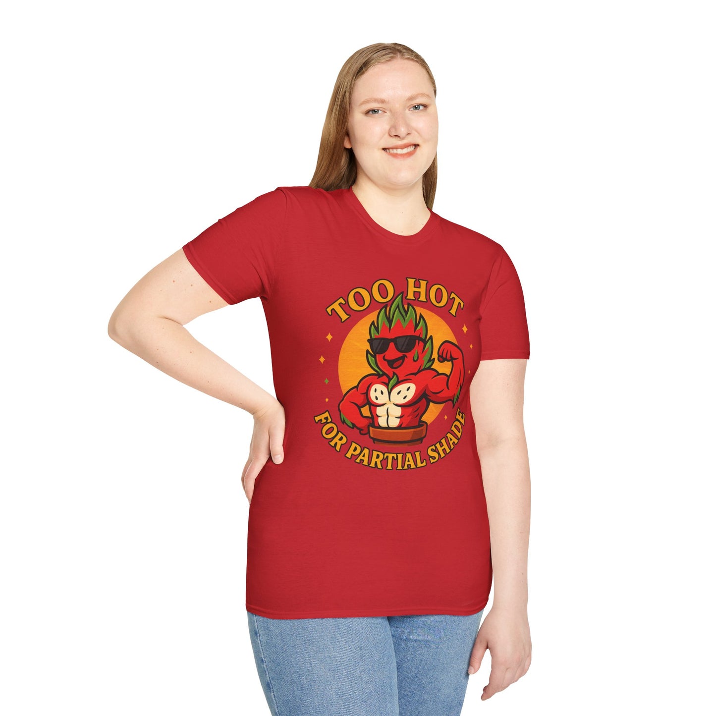 Too Hot For Partial Shade T-Shirt | Flaming Dragon Fruit Cartoon Design | Men's T-Shirt Plant Lover