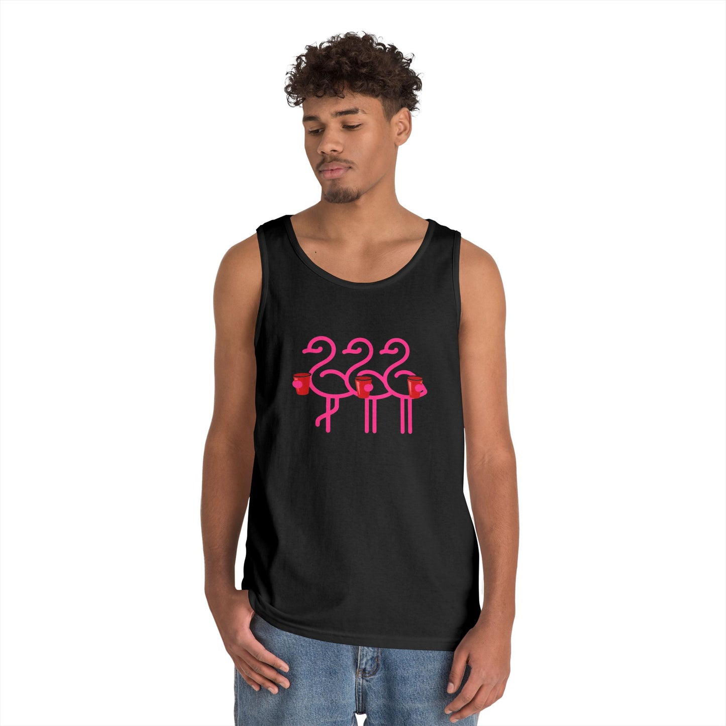 Three Pink Flamingos Tank Top | Retro Tropical Birds, Summer Beach Tee | Red Cup Throuple Life