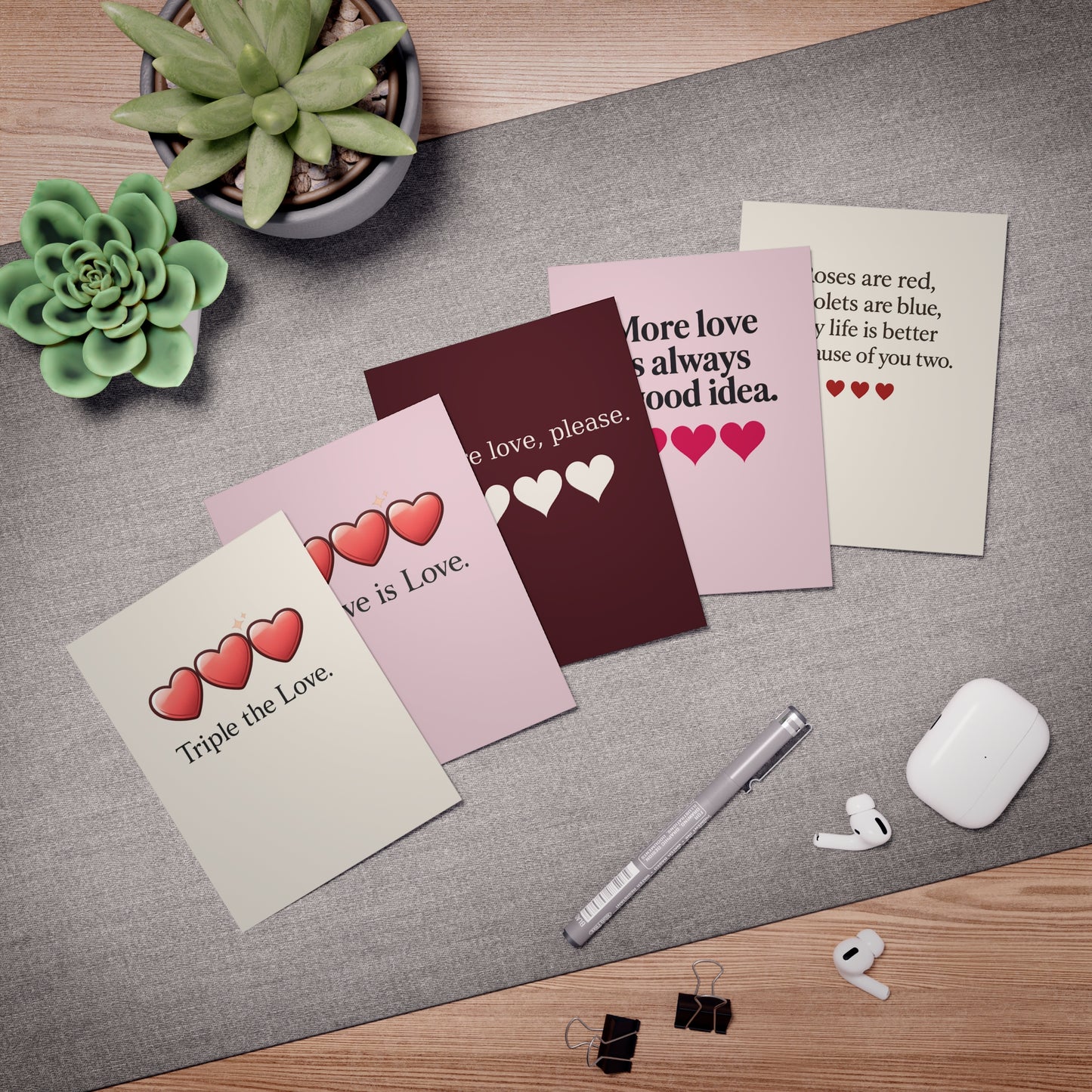 Love Is Love heart cards Greeting Cards | 5-pack assorted love cards | Throuple Cards Blank Insides