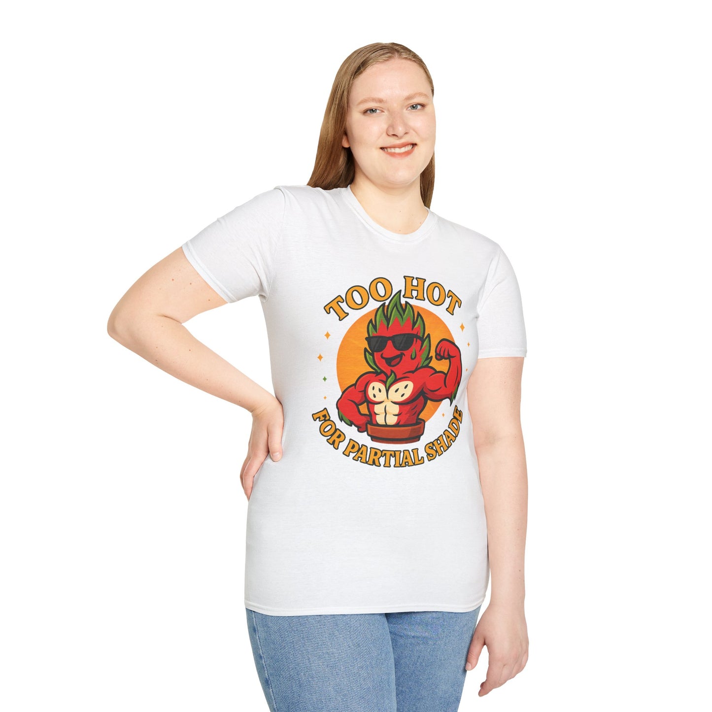Too Hot For Partial Shade T-Shirt | Flaming Dragon Fruit Cartoon Design | Men's T-Shirt Plant Lover