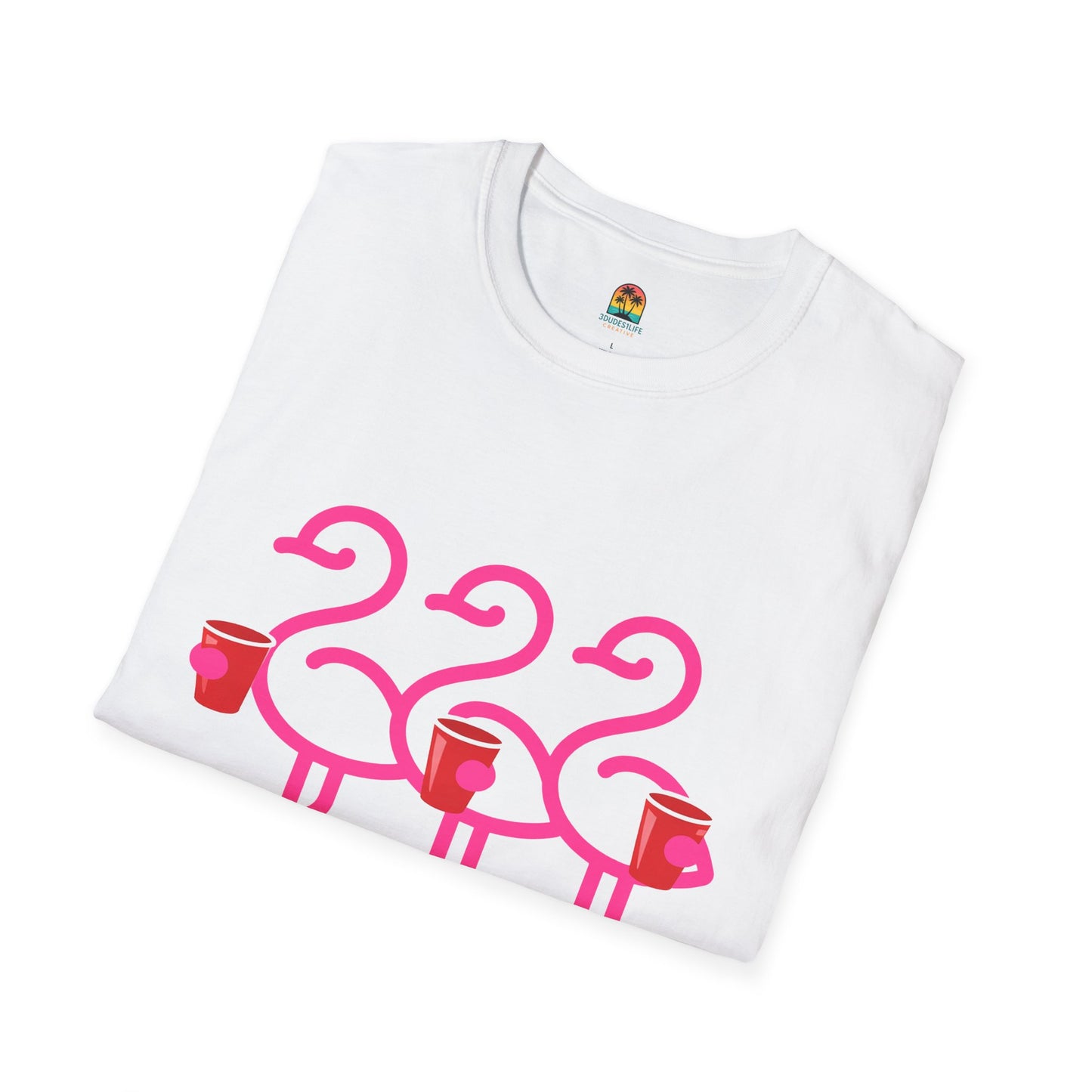 Pink Flamingos Holding Cups T-Shirt | Tropical Party Graphic | Red Cup Throuple Life