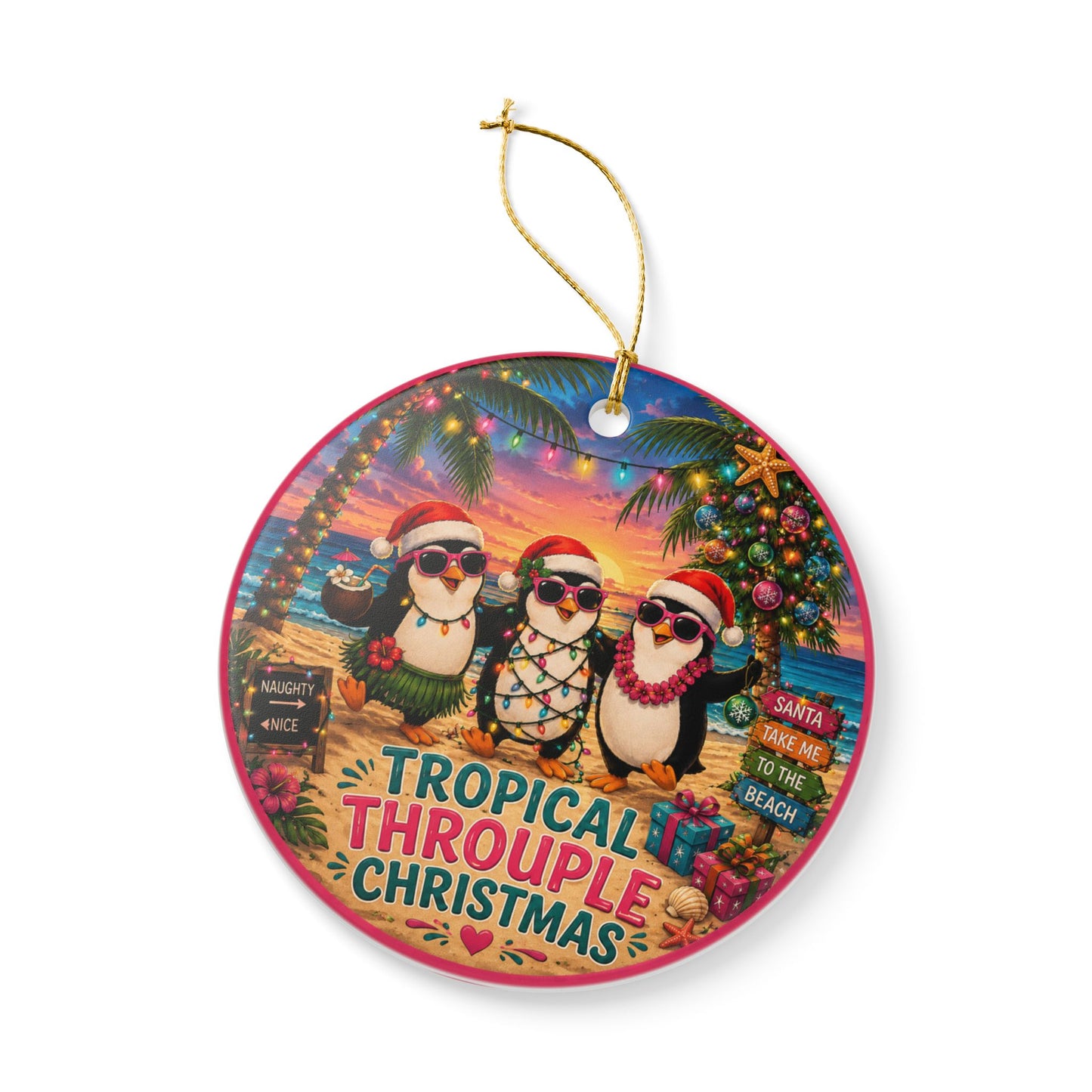 Tropical Throuple Christmas Ornament | Penguin Beach Christmas Decor | Polyamory Gift | LGBTQ+ Holiday Ornament