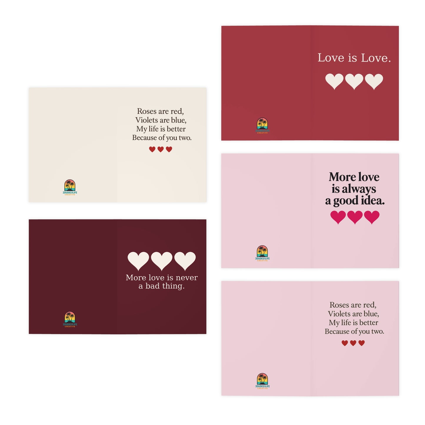 Love Hearts Poetry Greeting Cards 5-Pack | Romantic Valentines Note Cards | Throuple Valentine's Day Cards