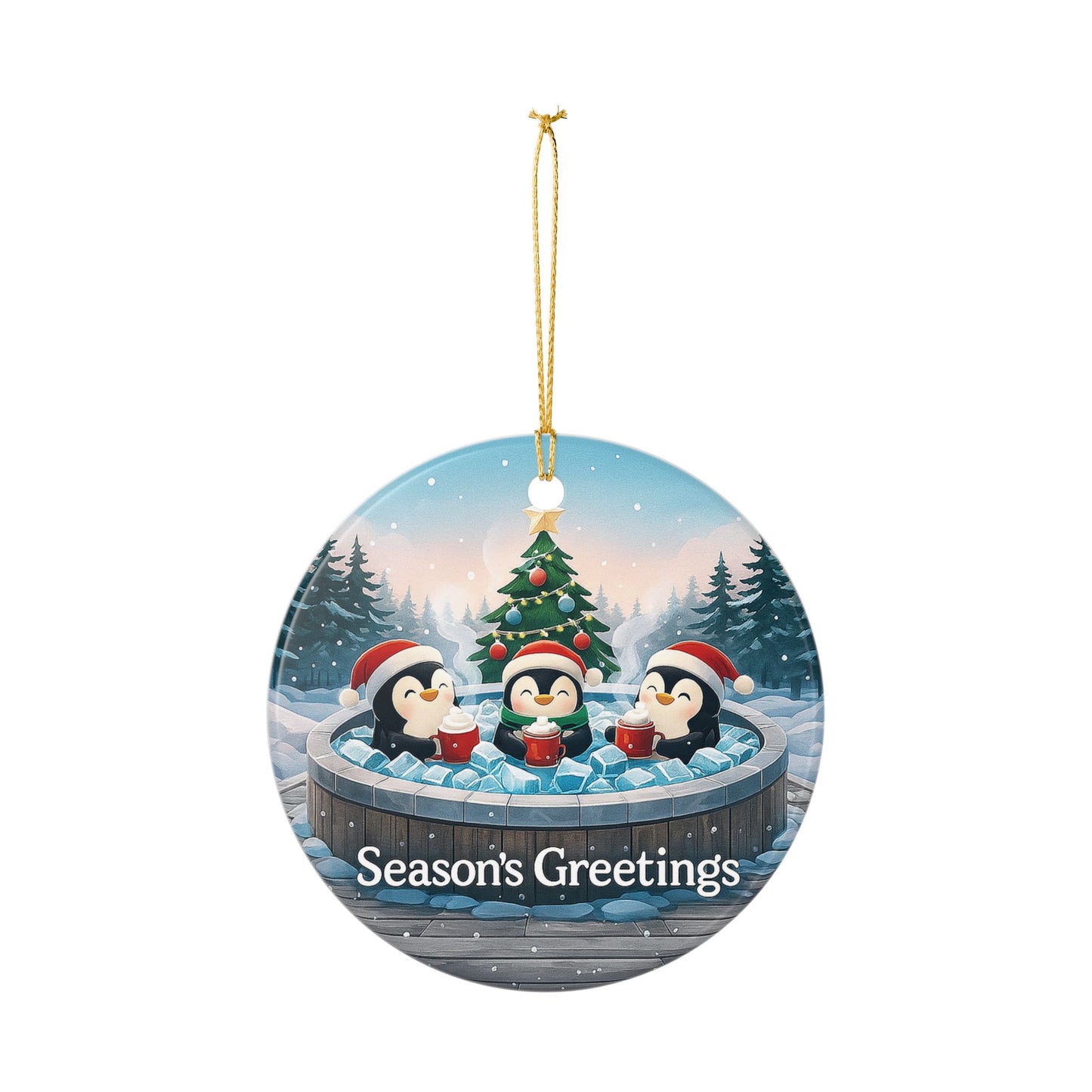 Penguins in Hot Tub Season's Greetings Ornament | Ceramic Holiday Decoration | Throuple Ornament Trio Penguins