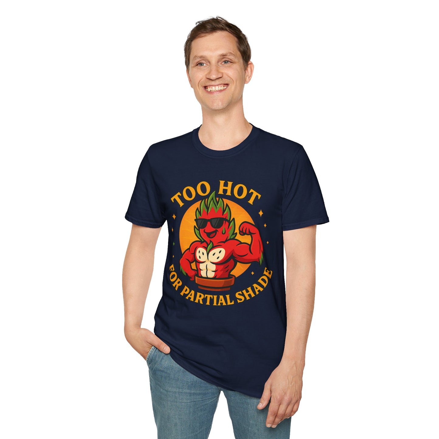 Too Hot For Partial Shade T-Shirt | Flaming Dragon Fruit Cartoon Design | Men's T-Shirt Plant Lover