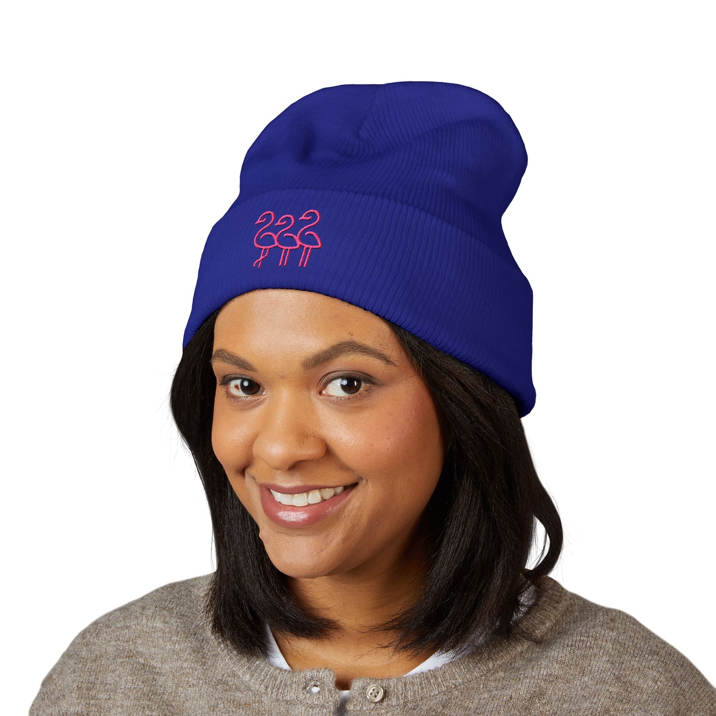 Pink Flamingo Trio Soft Beanie | Cuffed Embroidered Beanie | Throuple Gift Ideas