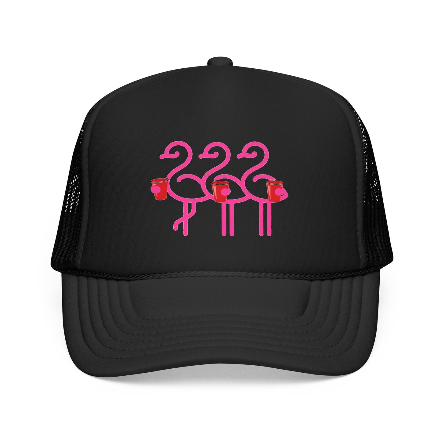 Pink Flamingo Trio Foam Trucker Hat | Retro Beach Party Mesh Cap | Red Cup Throuple Life